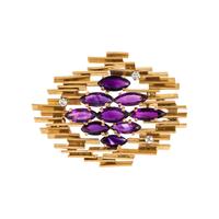 ALAN GARD, MODERNIST, YELLOW GOLD, AMETHYST AND DIAMOND BROOCH