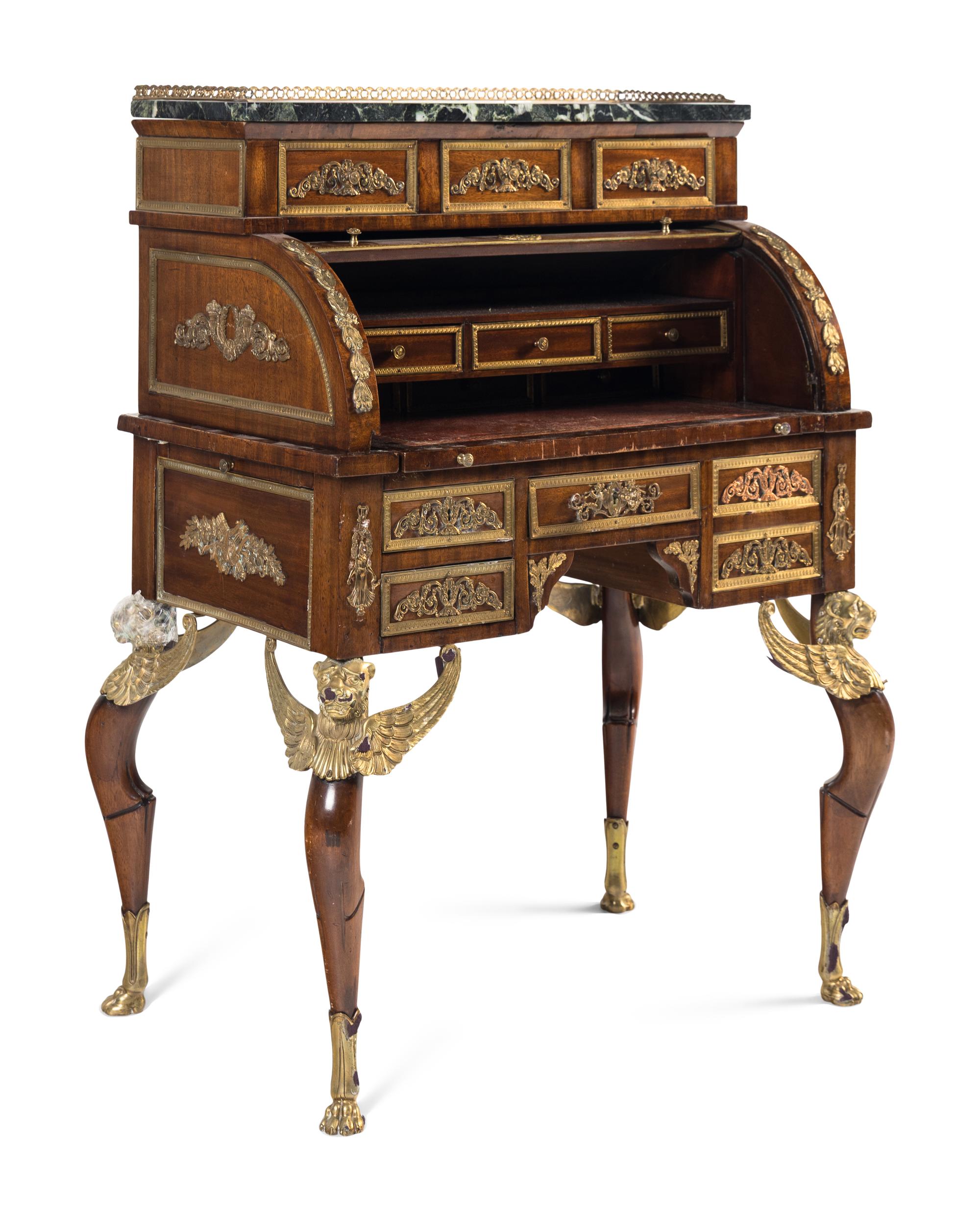 An Empire Style Gilt Metal Mounted Mahogany Bureau à Cylindre