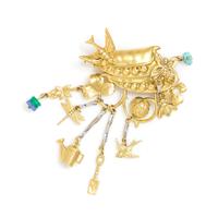 An 18 Karat Bicolor Gold, Diamond, Cultured Pearl, Glass and Hardstone Garden Motif Brooch, 29.10 dwts.