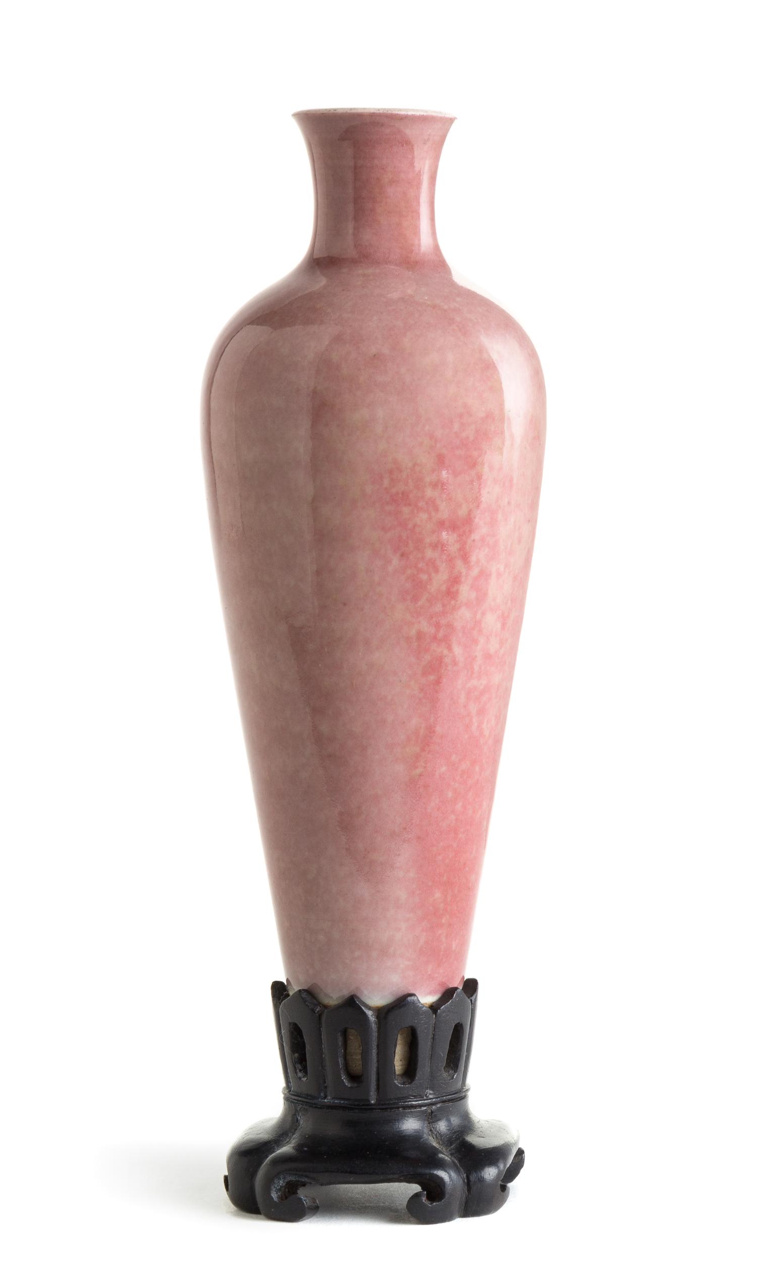 A Peachbloom Glazed Porcelain Amphora Vase Height 6 3/8 inches.