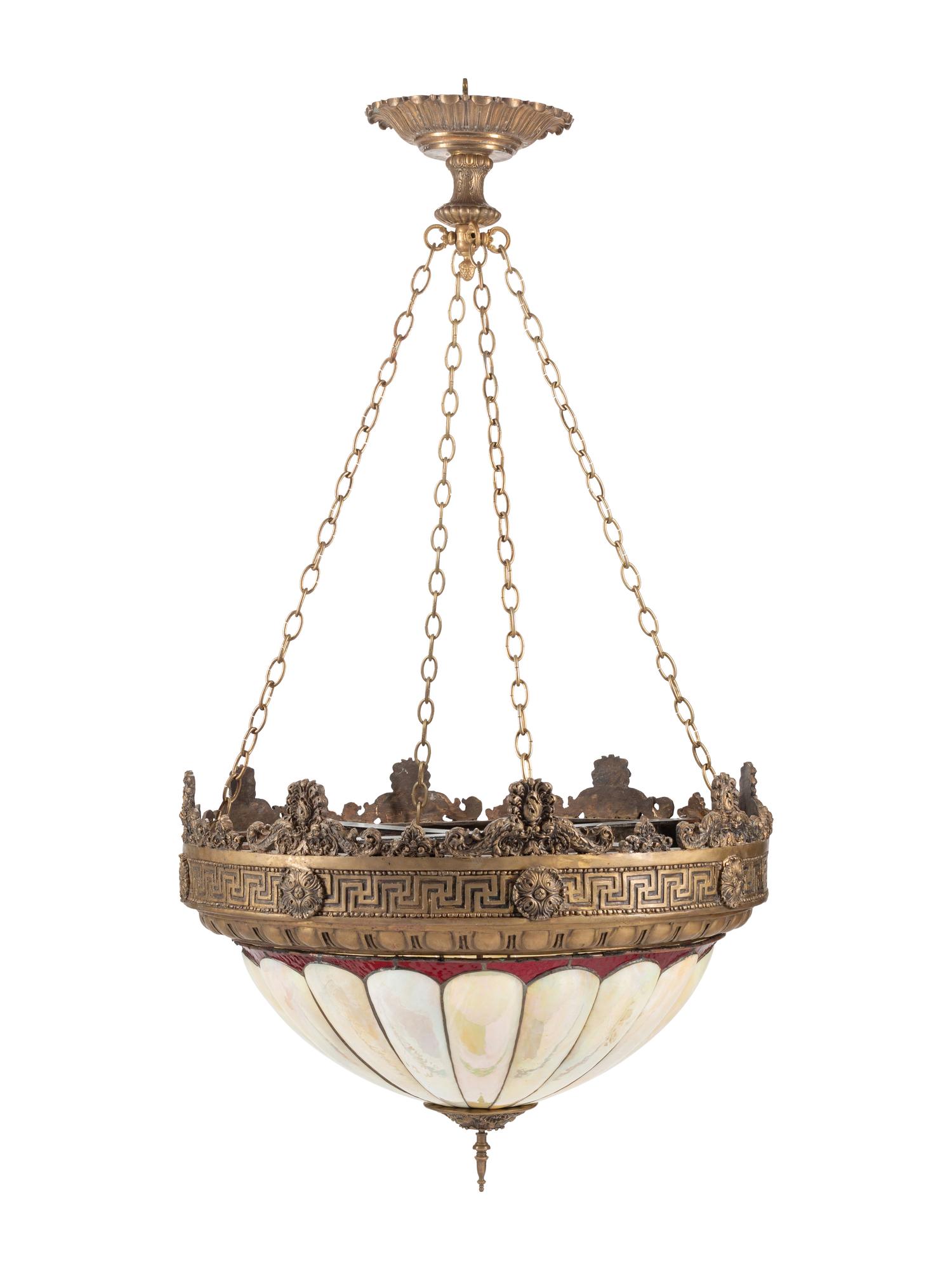 A Pair of American Neoclassical Gilt Bronze and Slag Glass Ceiling Fixtures