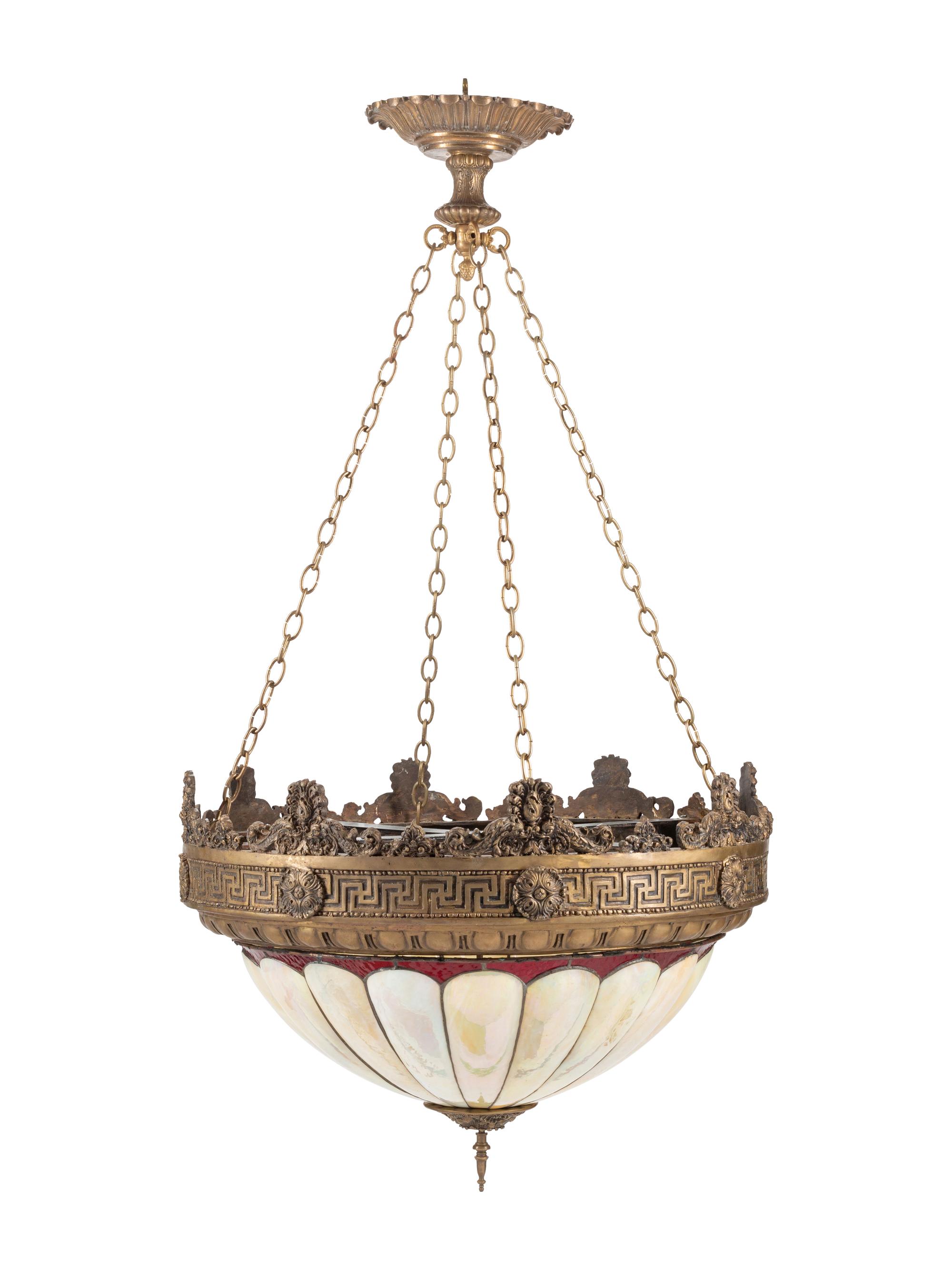 A Pair of American Neoclassical Gilt Bronze and Slag Glass Ceiling Fixtures