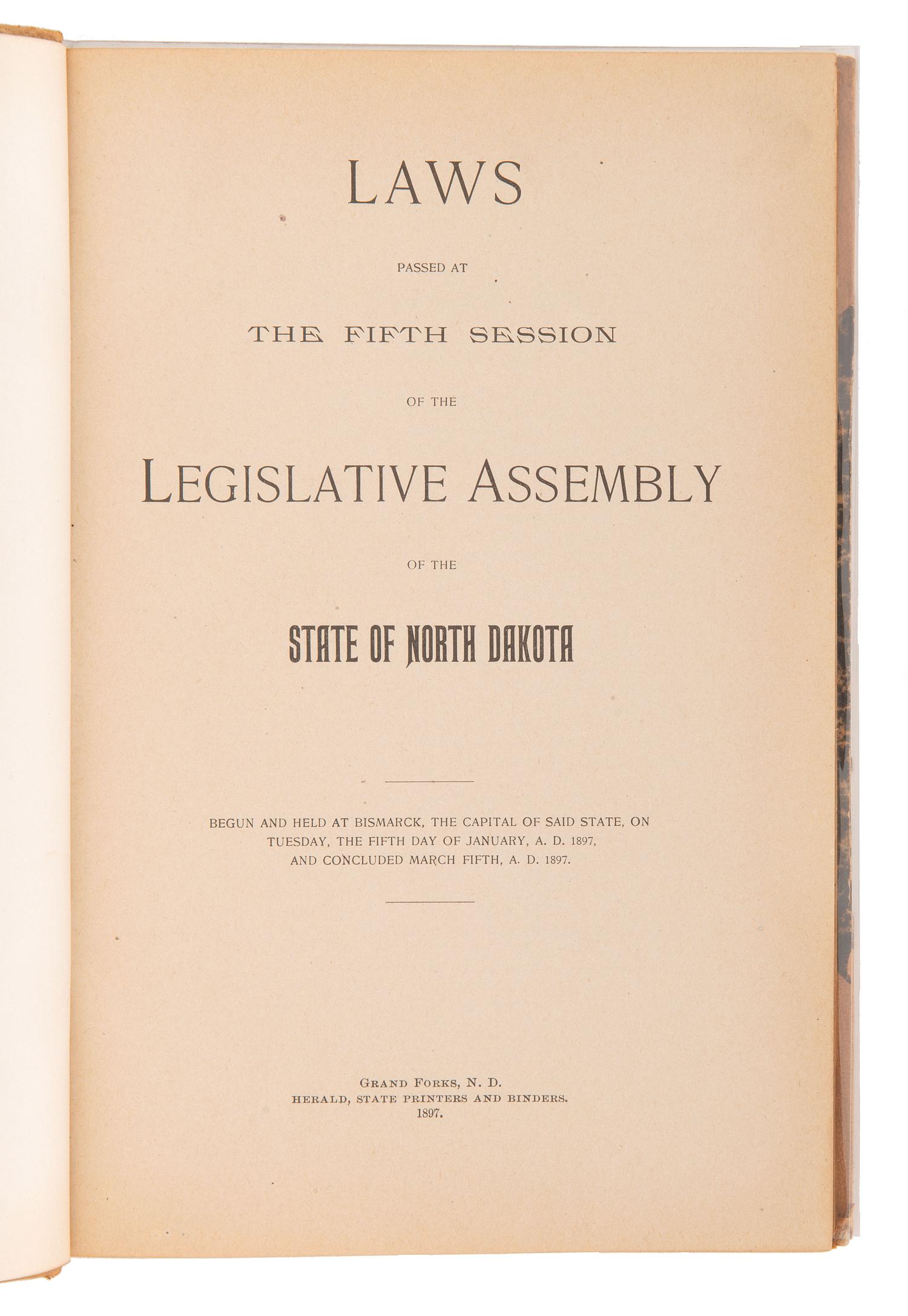 [NORTH DAKOTA]. A collection of early North Dakota legislative publications, comprising: