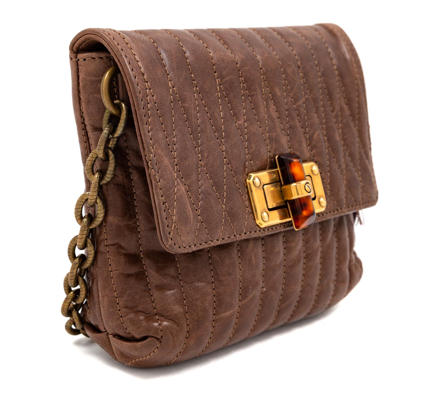 A Lanvin Chocolate Brown Leather Mini Pop Happy Crossbody Bag, 6.75" H x 7" W x 2" D; Strap Drop: up to 22.5".