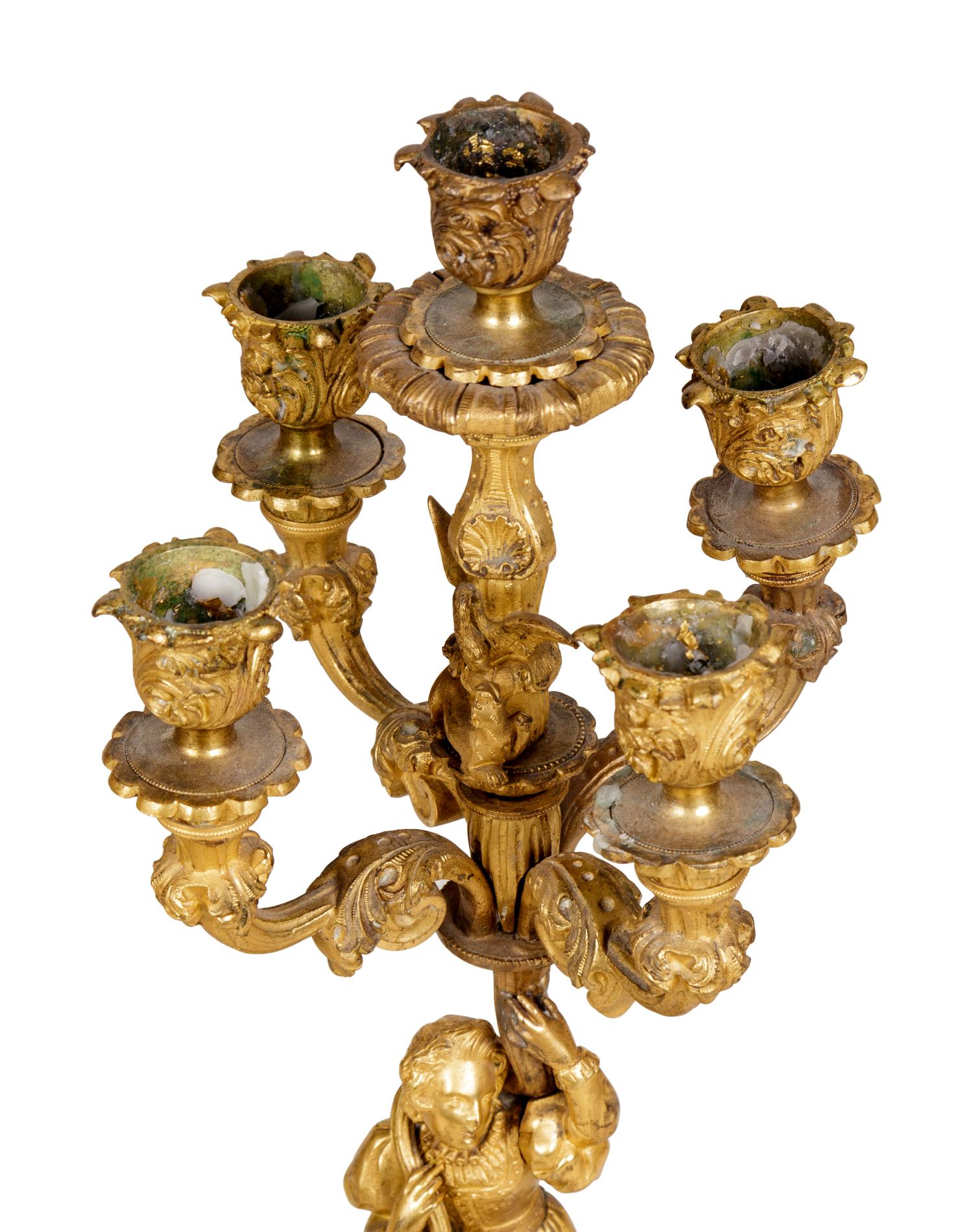 A Pair of Louis Philippe Gilt Bronze Five-Light Figural Candelabra