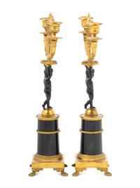 A Pair of Empire Style Parcel Gilt Metal Two-Light Candelabra