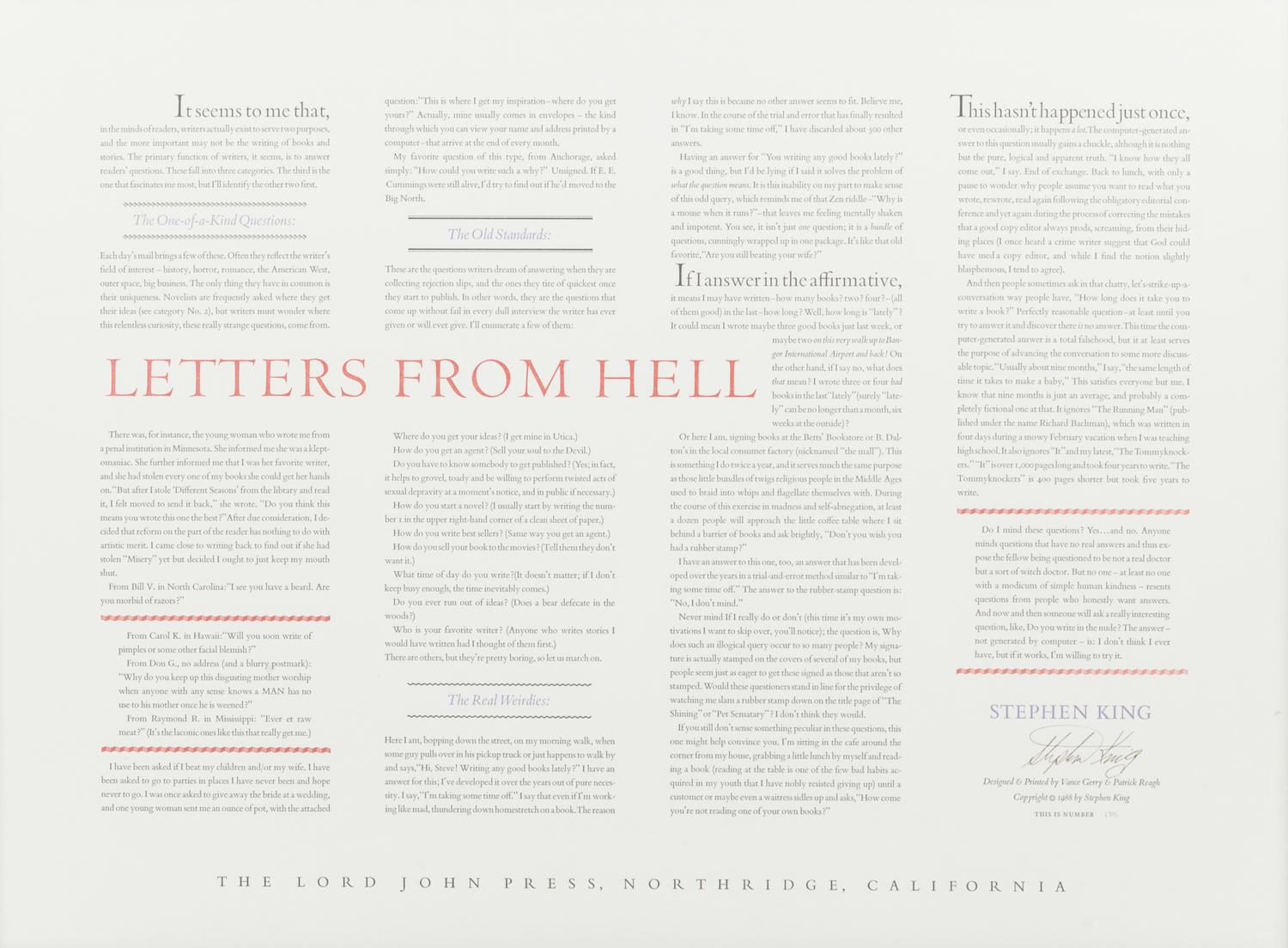 KING, Stephen (b.1947). Letters from Hell. Northridge, CA: The Lord John Press, 1988.