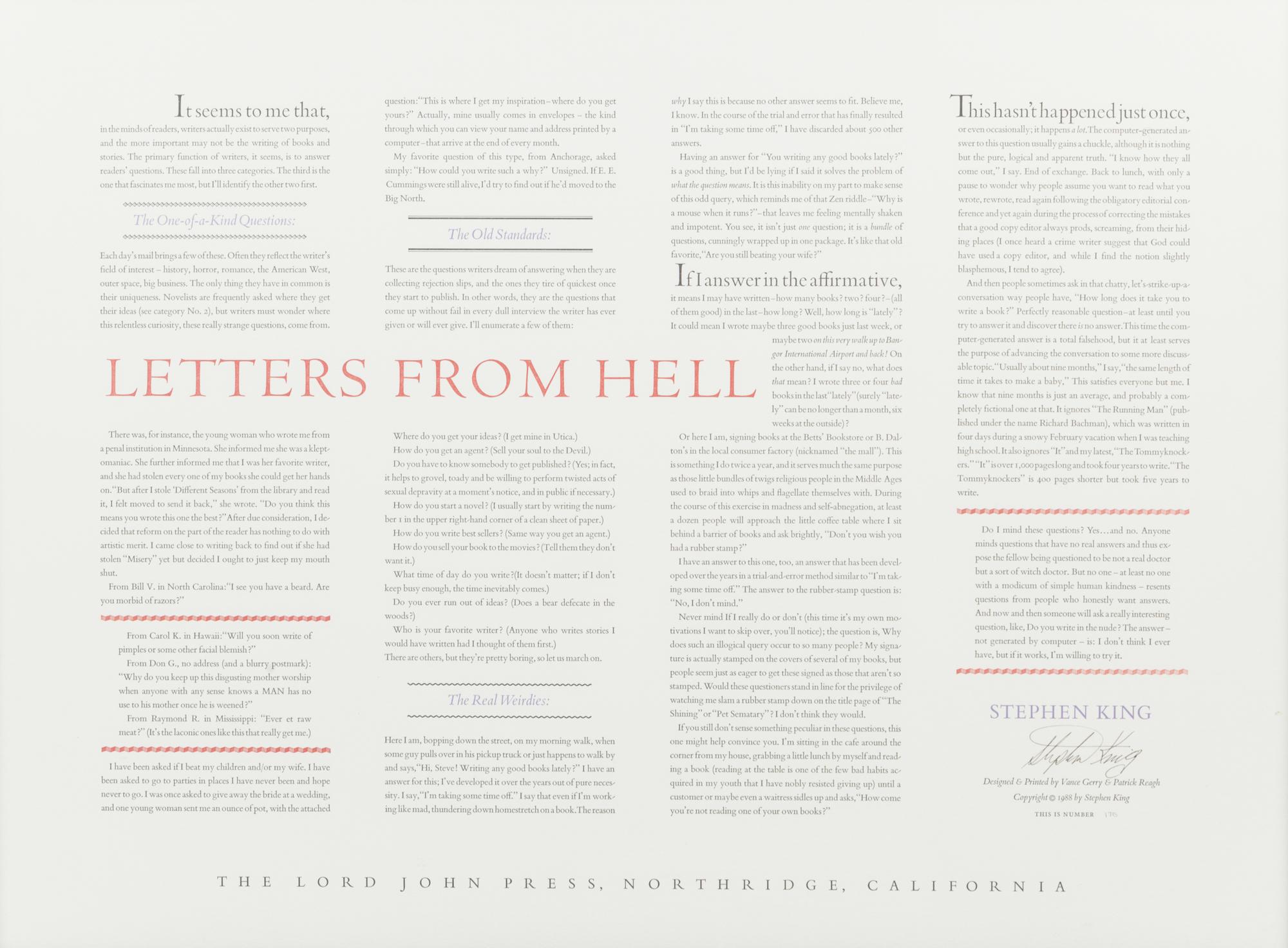 KING, Stephen (b.1947). Letters from Hell. Northridge, CA: The Lord John Press, 1988.