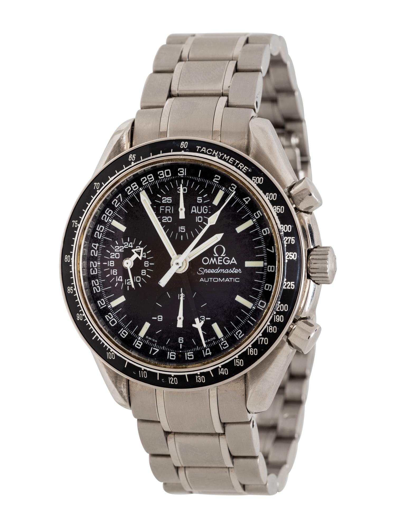 OMEGA, STAINLESS STEEL 'SPEEDMASTER' TRIPLE CALENDAR CHRONOGRAPH WATCH