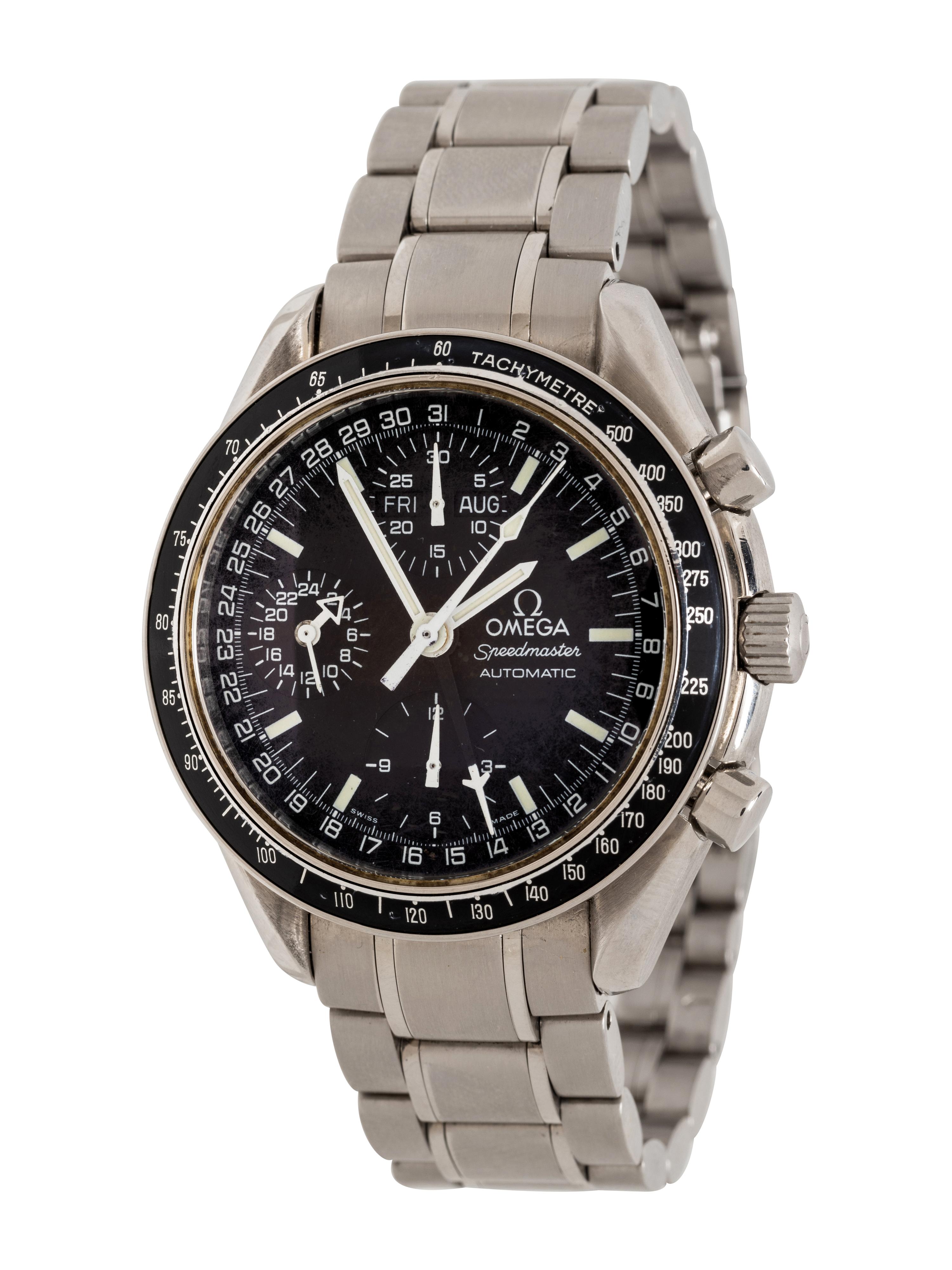 OMEGA, STAINLESS STEEL 'SPEEDMASTER' TRIPLE CALENDAR CHRONOGRAPH WATCH