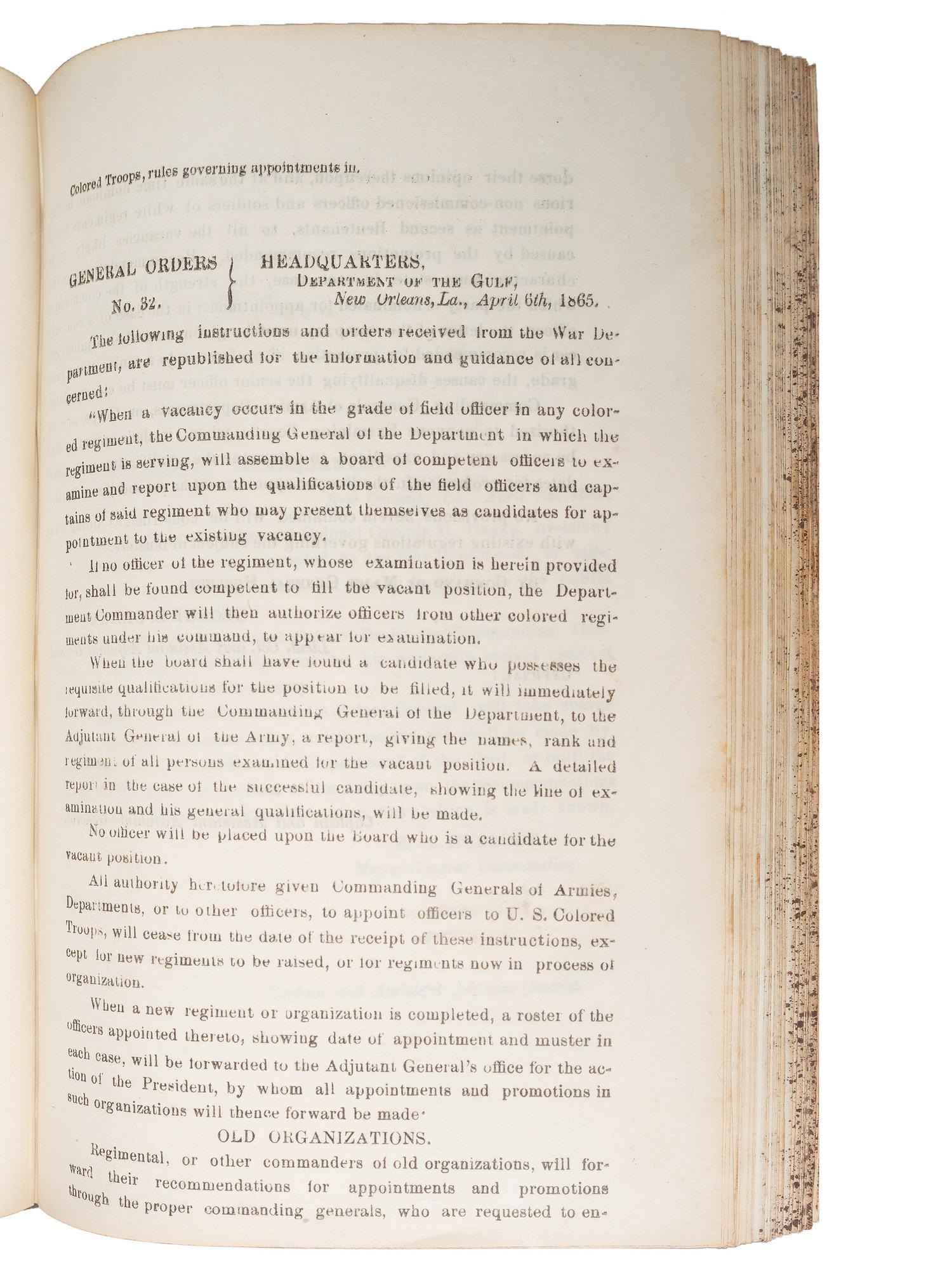 [CIVIL WAR]. Bound volume of General Orders and Circulars issued by the Department of the Gulf including orders related to Colored Troops, Freedmen, and Lincoln's Assassination, 1865.