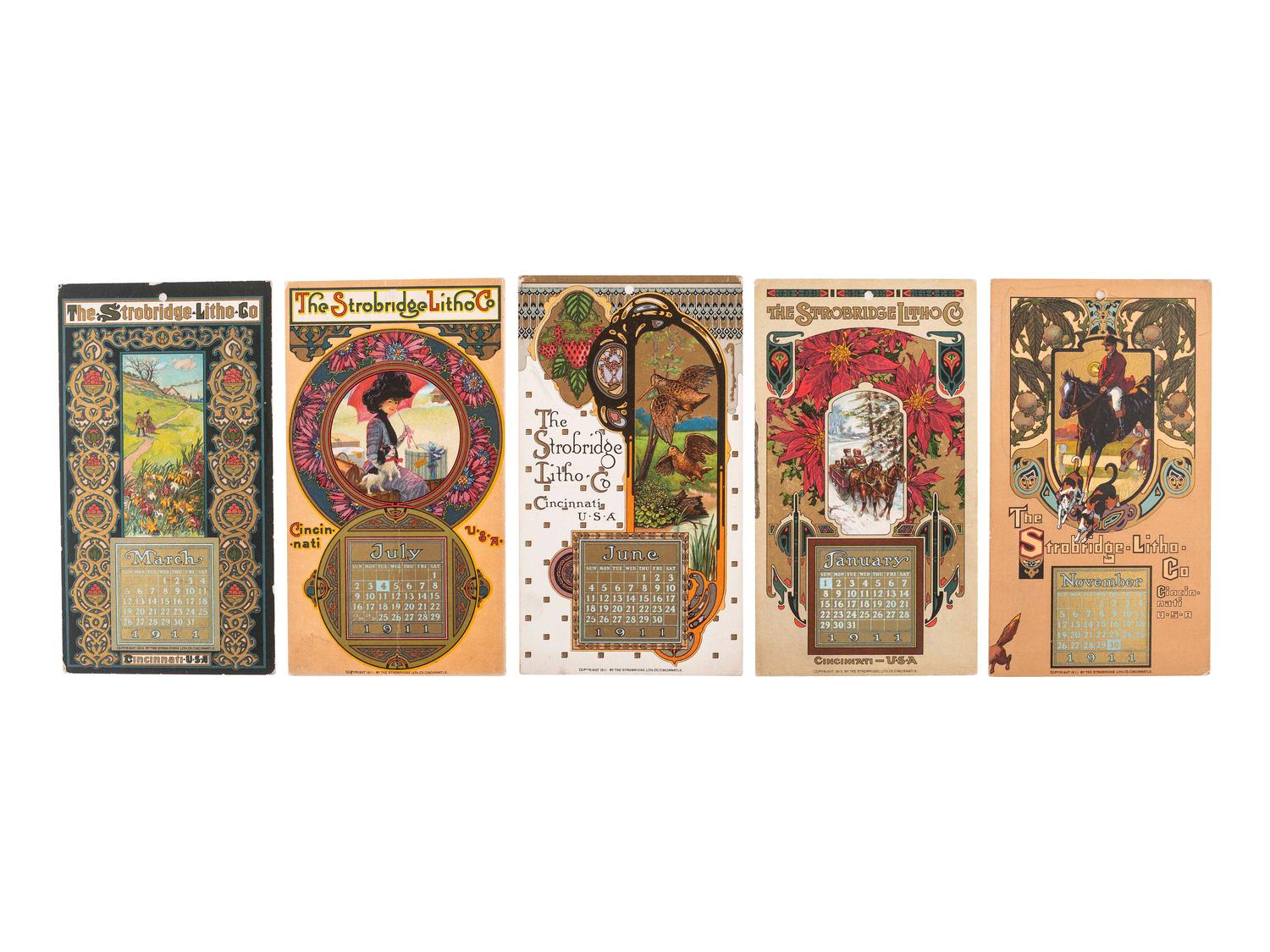 [ADVERTISING]. A group of 55+ Strobridge Litho Co. calendar cards. Cincinnati, OH: 1903-1912.