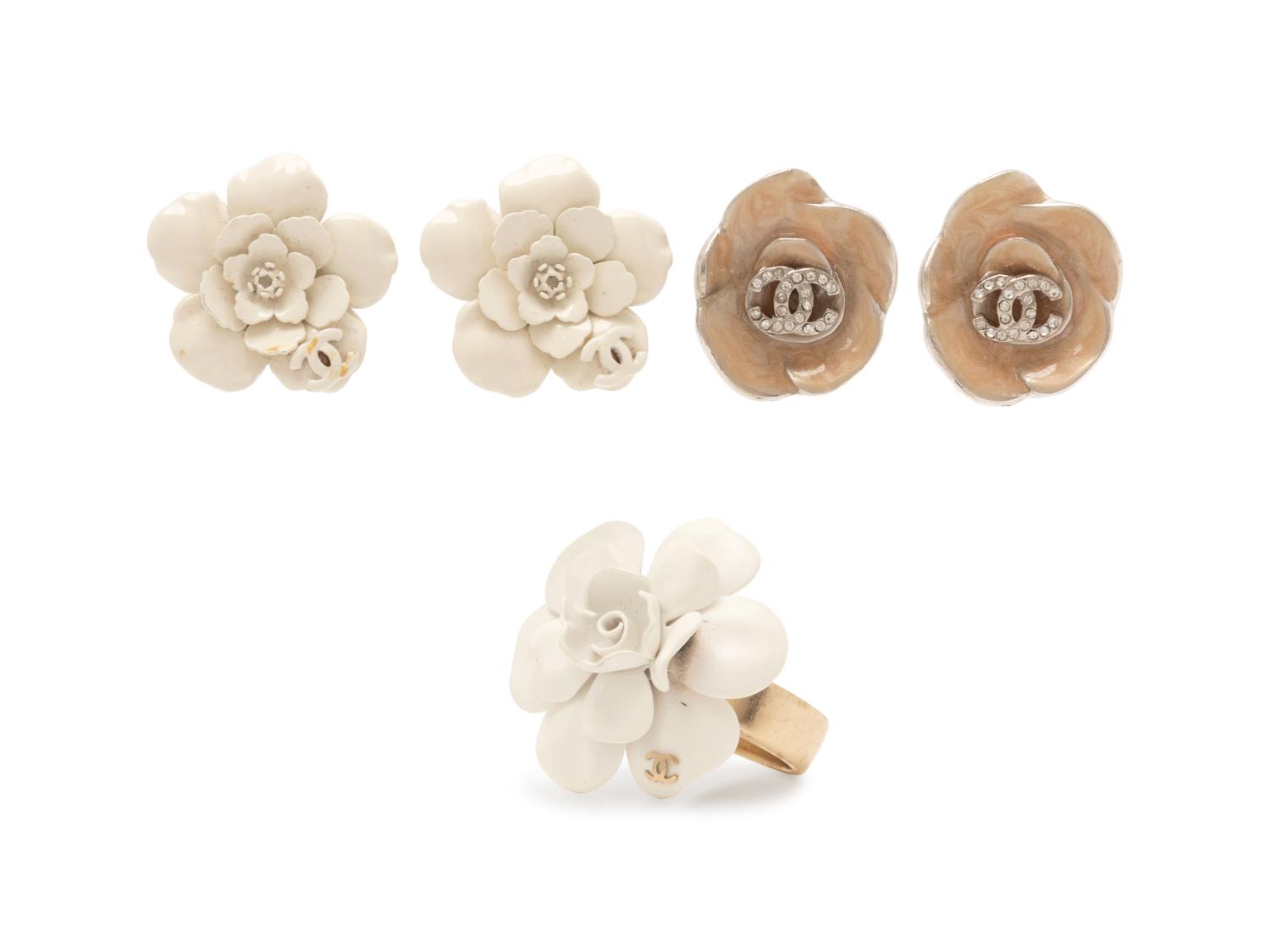 Chanel White Flower Ring, 2008 with Two Pairs of Flower Ear Clips, 2004
