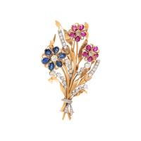 RETRO, DIAMOND, COLORED DIAMOND AND MULTIGEM FLOWER BROOCH