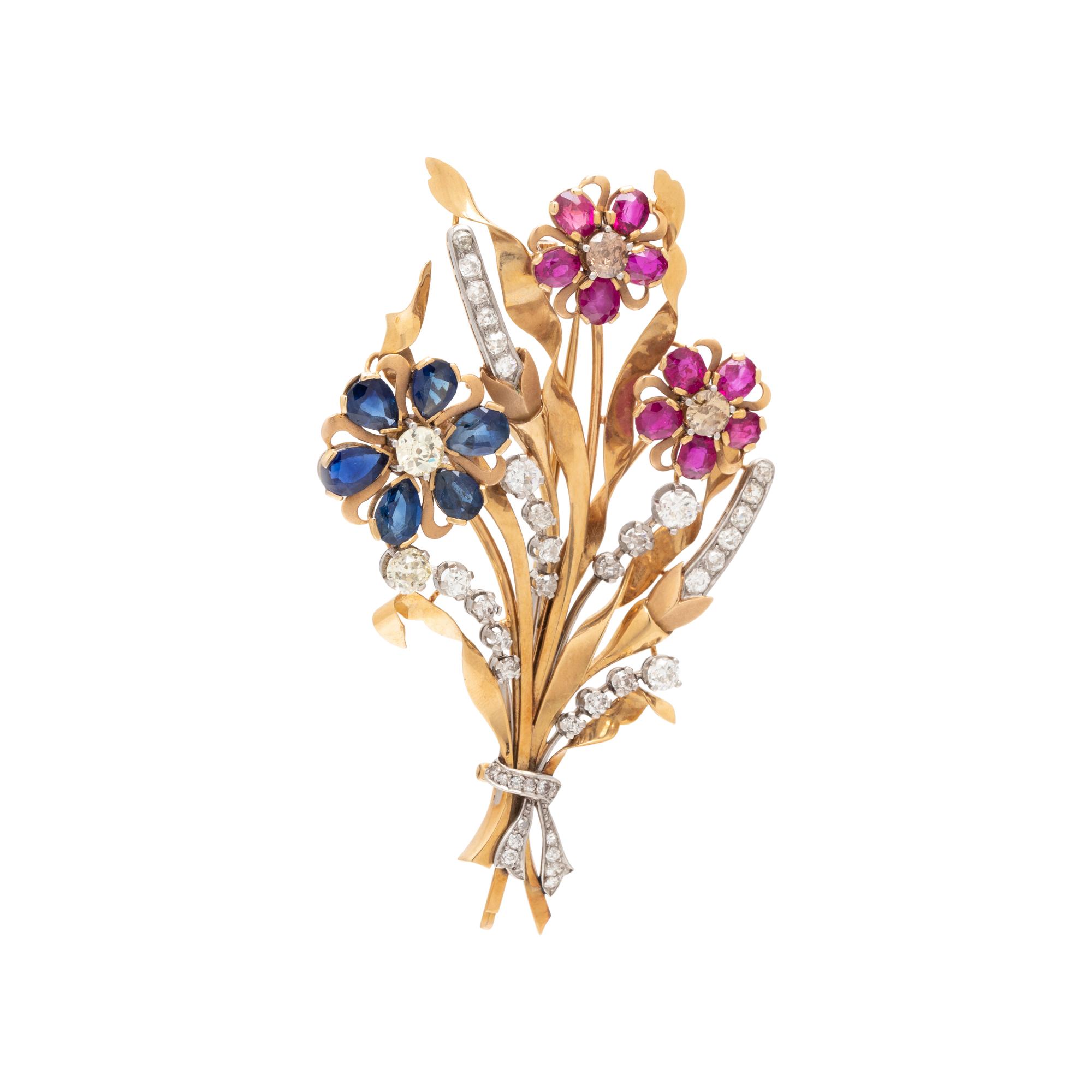 RETRO, DIAMOND, COLORED DIAMOND AND MULTIGEM FLOWER BROOCH