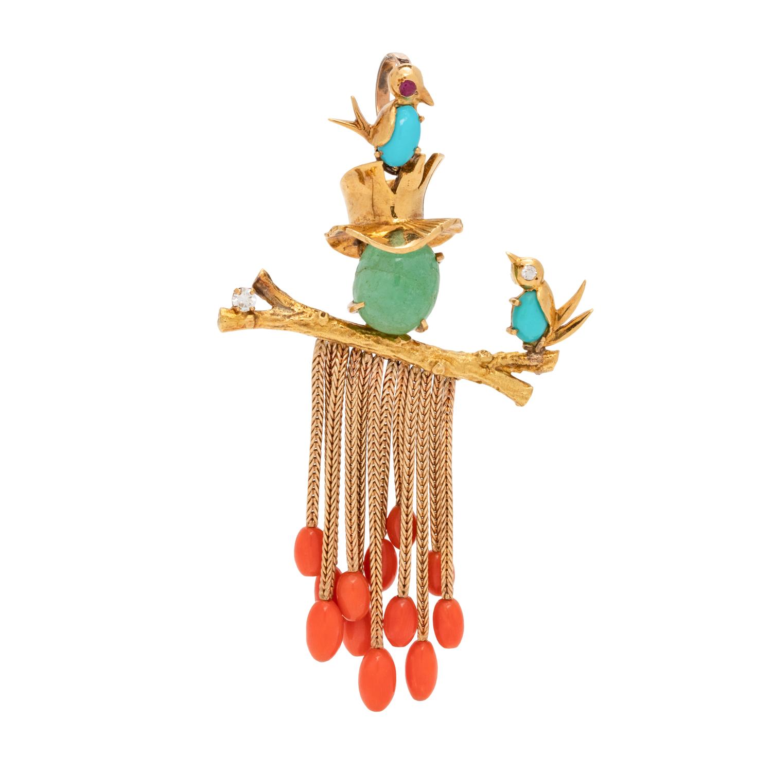 YELLOW GOLD, MULTIGEM AND DIAMOND SCARECROW PENDANT