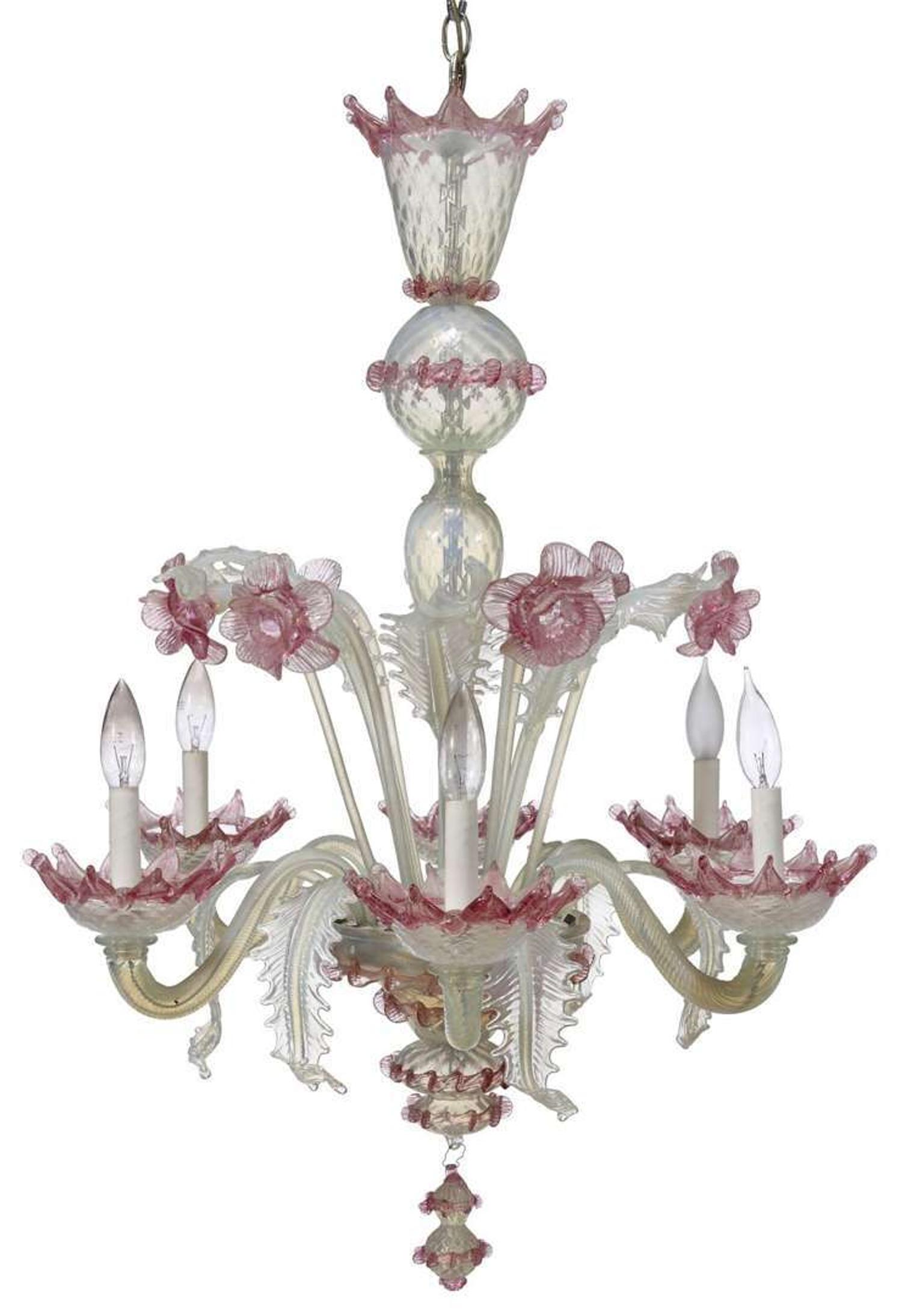 Venetian opalescent and pink glass six-light chandelier first half 20th century