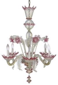 Venetian opalescent and pink glass six-light chandelier first half 20th century