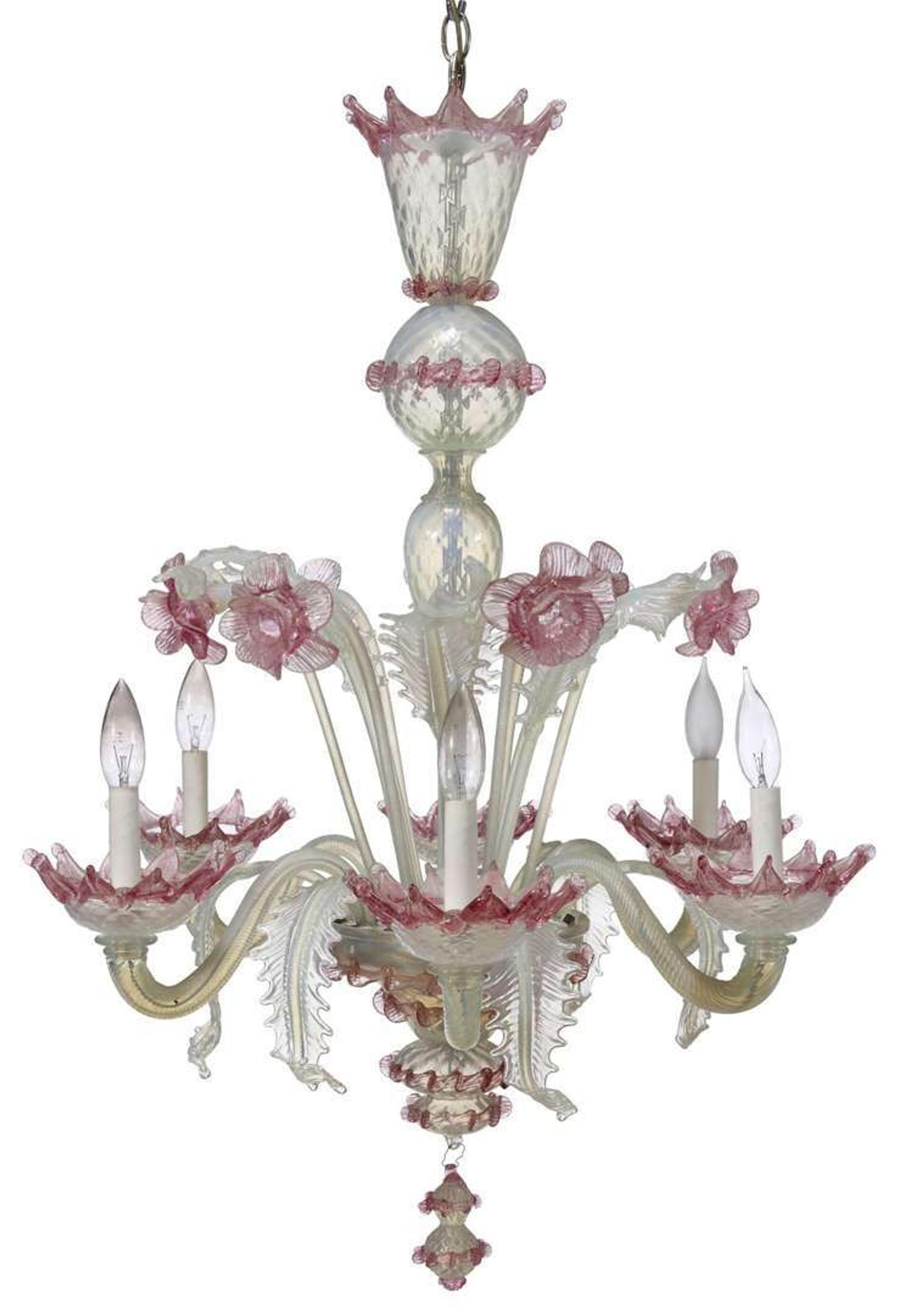 Venetian opalescent and pink glass six-light chandelier first half 20th century