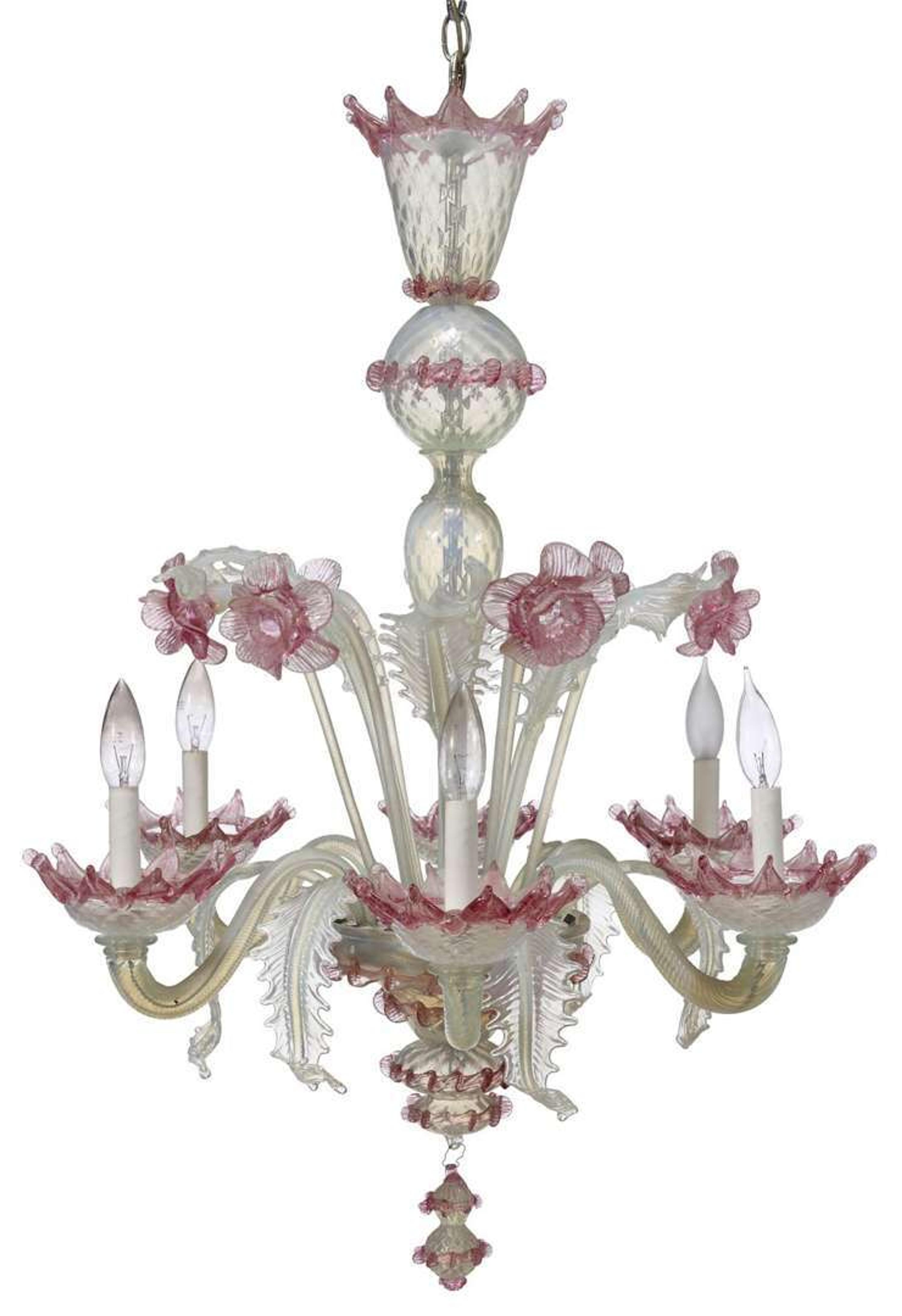 Venetian opalescent and pink glass six-light chandelier first half 20th century
