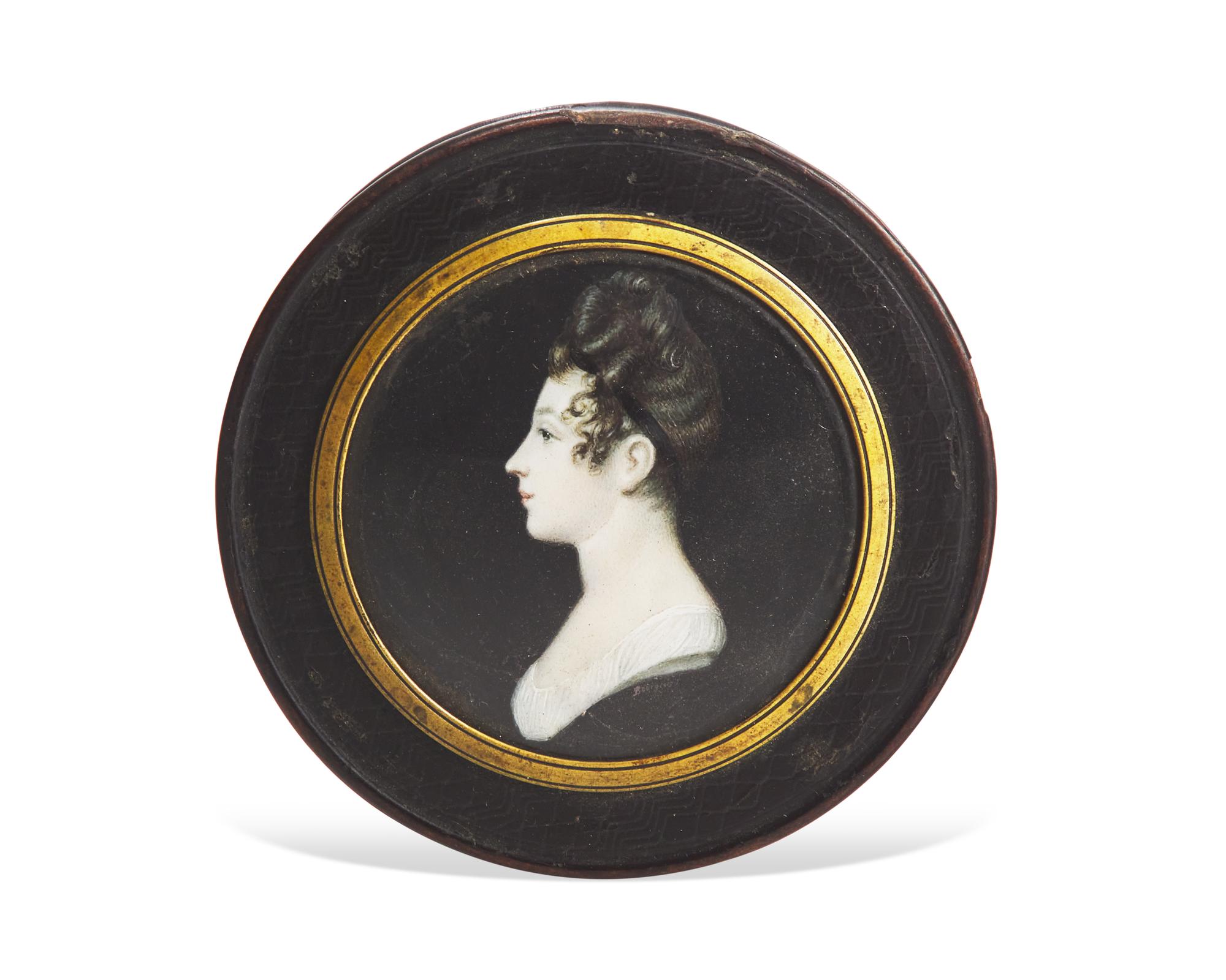 Charles Guillaume Alexander Bourgeois (French, 1758-1832), A Papier-mâché Snuff Box Inset with Profile Portrait Miniature of a Young Lady