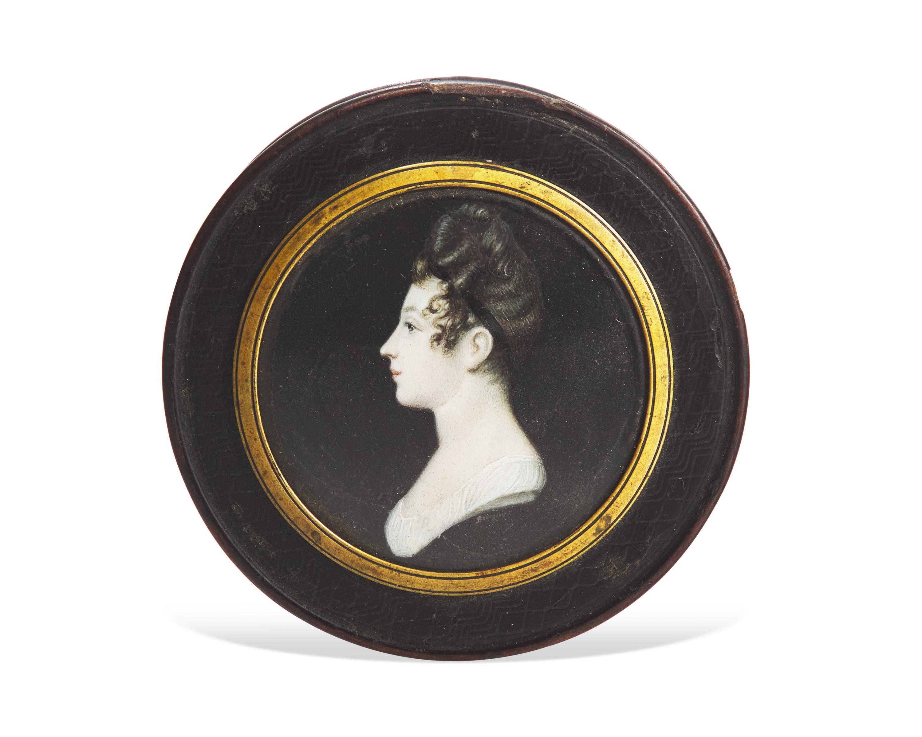 Charles Guillaume Alexander Bourgeois (French, 1758-1832), A Papier-mâché Snuff Box Inset with Profile Portrait Miniature of a Young Lady