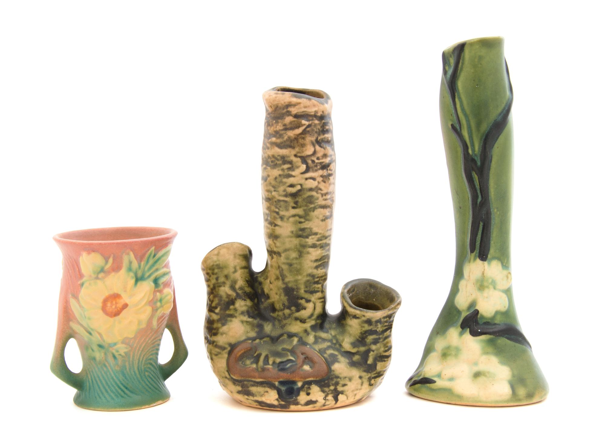 Three Roseville Vases Height of tallest 8 1/2 inches.