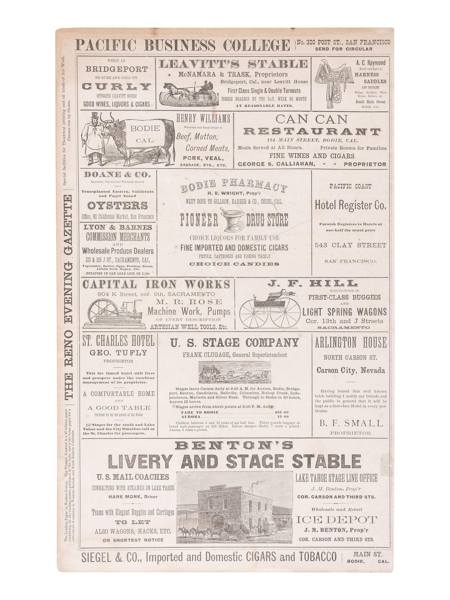 [WESTERN AMERICANA - GOLD RUSH]. Double-sided illustrated broadsheet promoting businesses in Nevada and California, incl. the mining town of Bodie, CA.