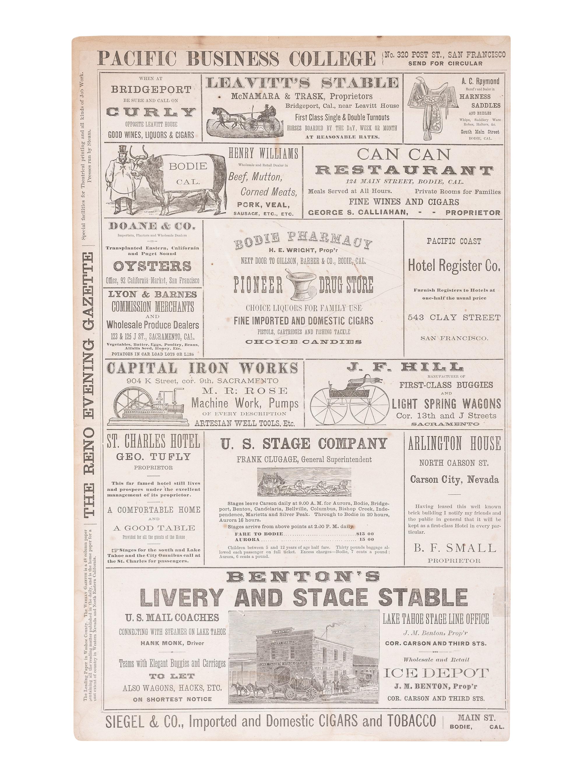 [WESTERN AMERICANA - GOLD RUSH]. Double-sided illustrated broadsheet promoting businesses in Nevada and California, incl. the mining town of Bodie, CA.