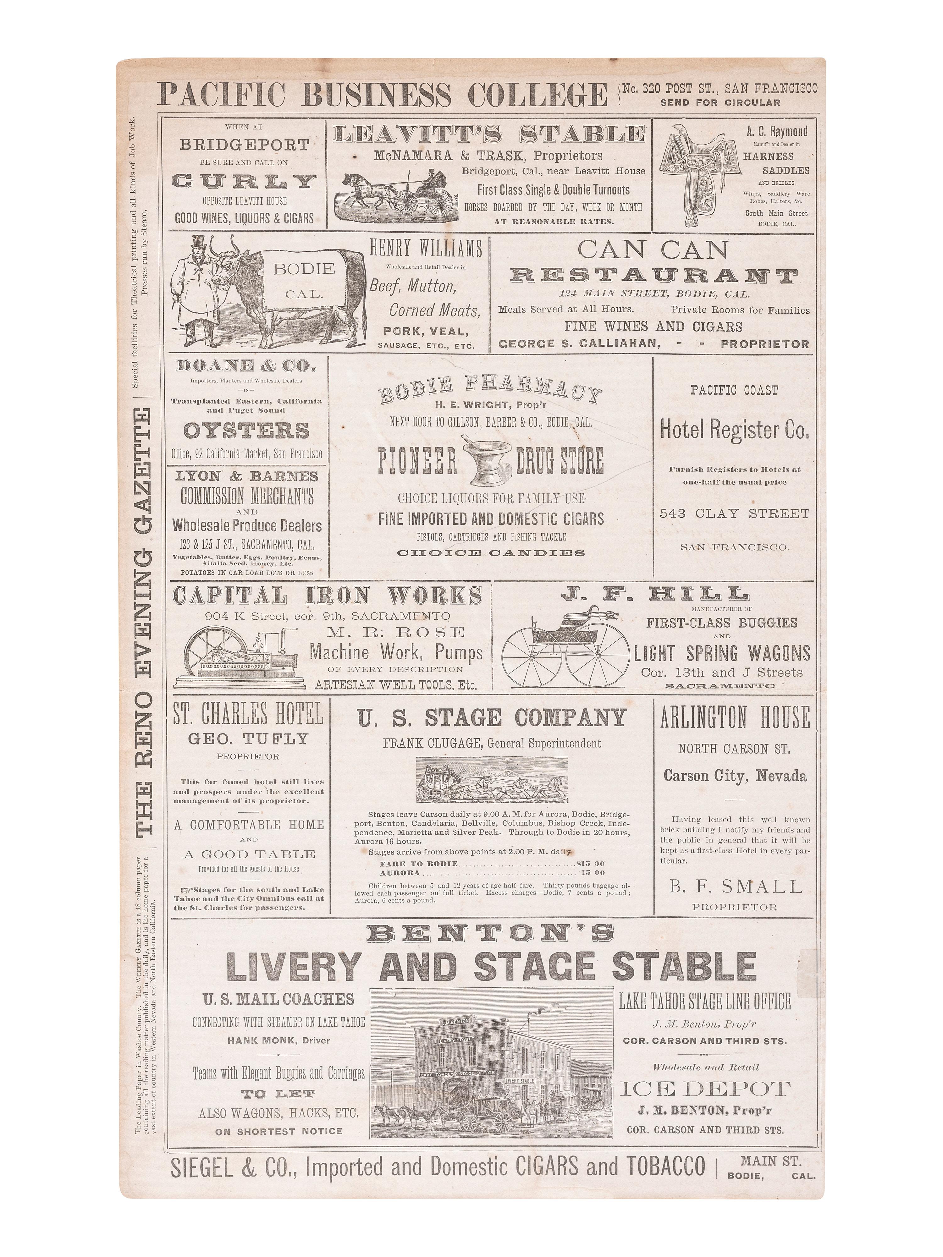 [WESTERN AMERICANA - GOLD RUSH]. Double-sided illustrated broadsheet promoting businesses in Nevada and California, incl. the mining town of Bodie, CA.
