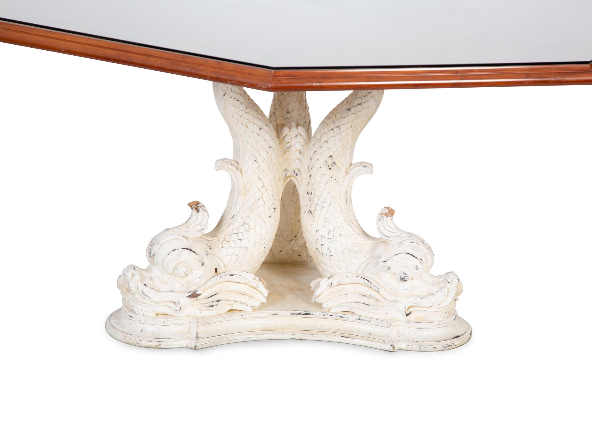 A Carved and Painted Dolphin Base Dining Table with a Later Octagonal Teak Top — 19TH/20TH CENTURY