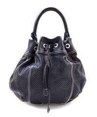 A Prada Navy Perforated Leather Bucket Bag, 13" x 12" x 4"; Handle drop: 4.5".