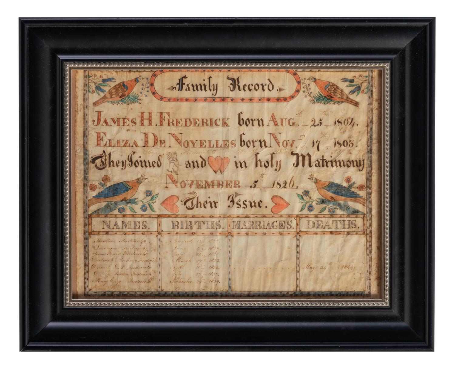 A Frederick Family Record Watercolor Fraktur
