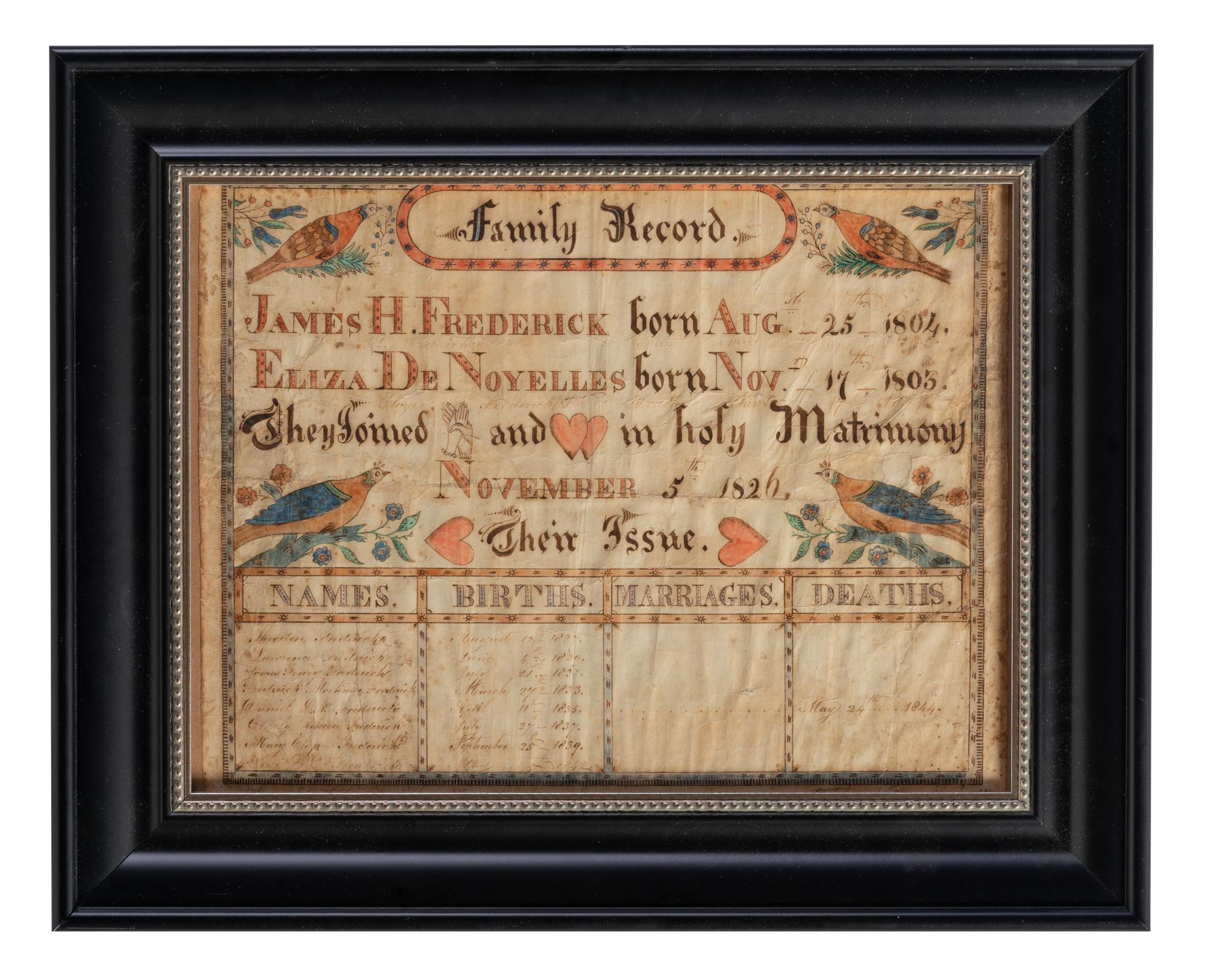 A Frederick Family Record Watercolor Fraktur