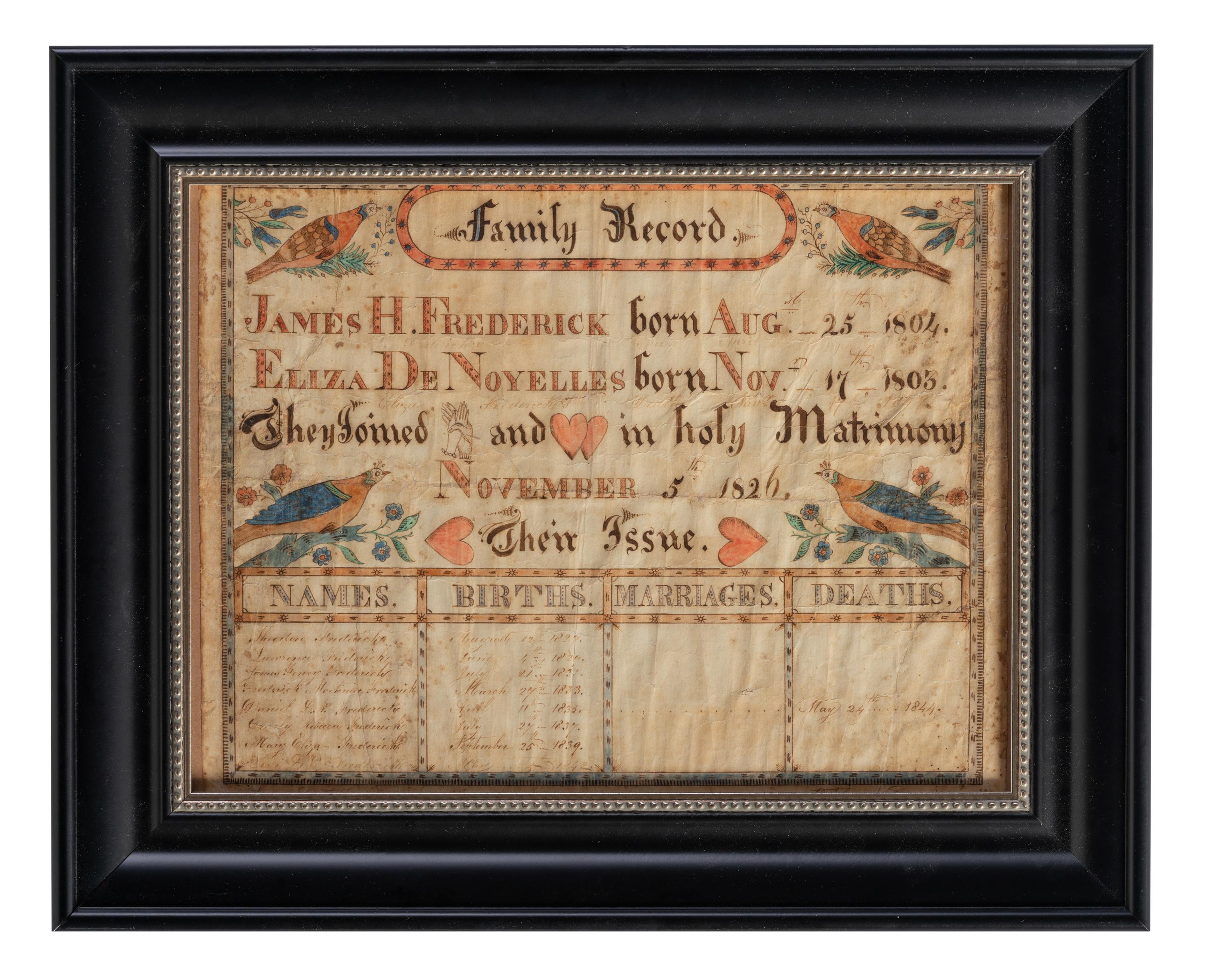 A Frederick Family Record Watercolor Fraktur