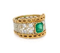 An 18 Karat Two Tone Gold, Emerald and Diamond Ring, Buccellati, 4.70 dwts.