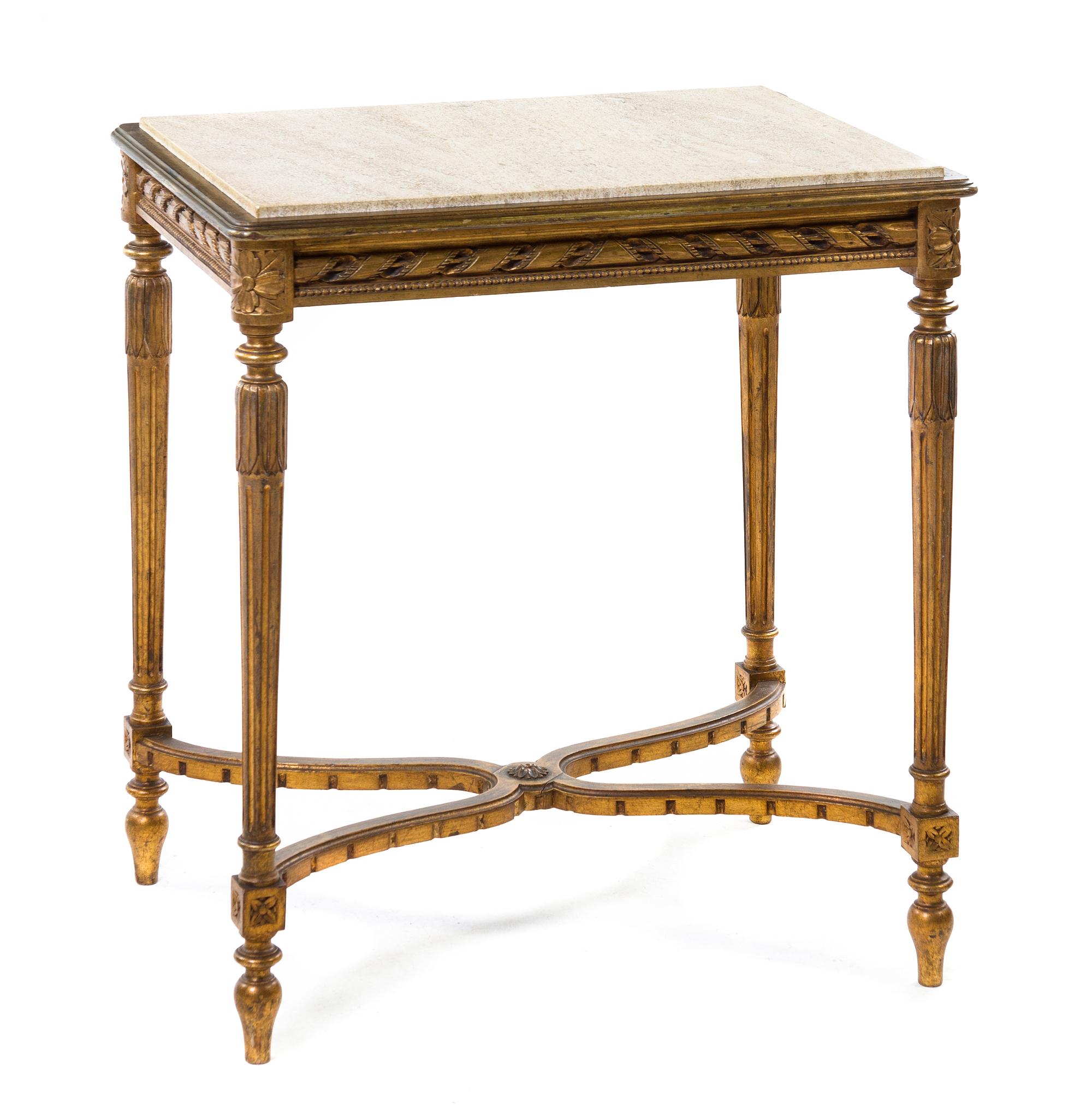 A Louis XVI Style Giltwood Occasional Table, Height 30 x width 28 3/4 x depth 20 1/4 inches.