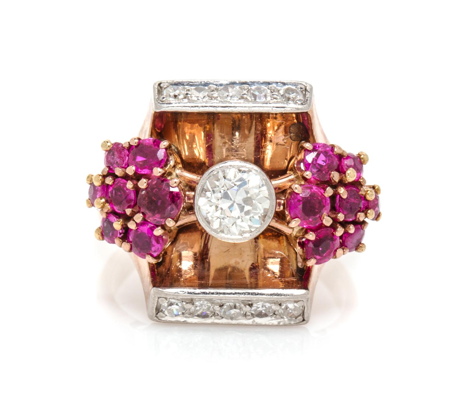 A Retro 14 Karat Rose Gold, Platinum, Ruby and Diamond Ring, 6.60 dwts.
