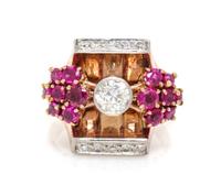 A Retro 14 Karat Rose Gold, Platinum, Ruby and Diamond Ring, 6.60 dwts.