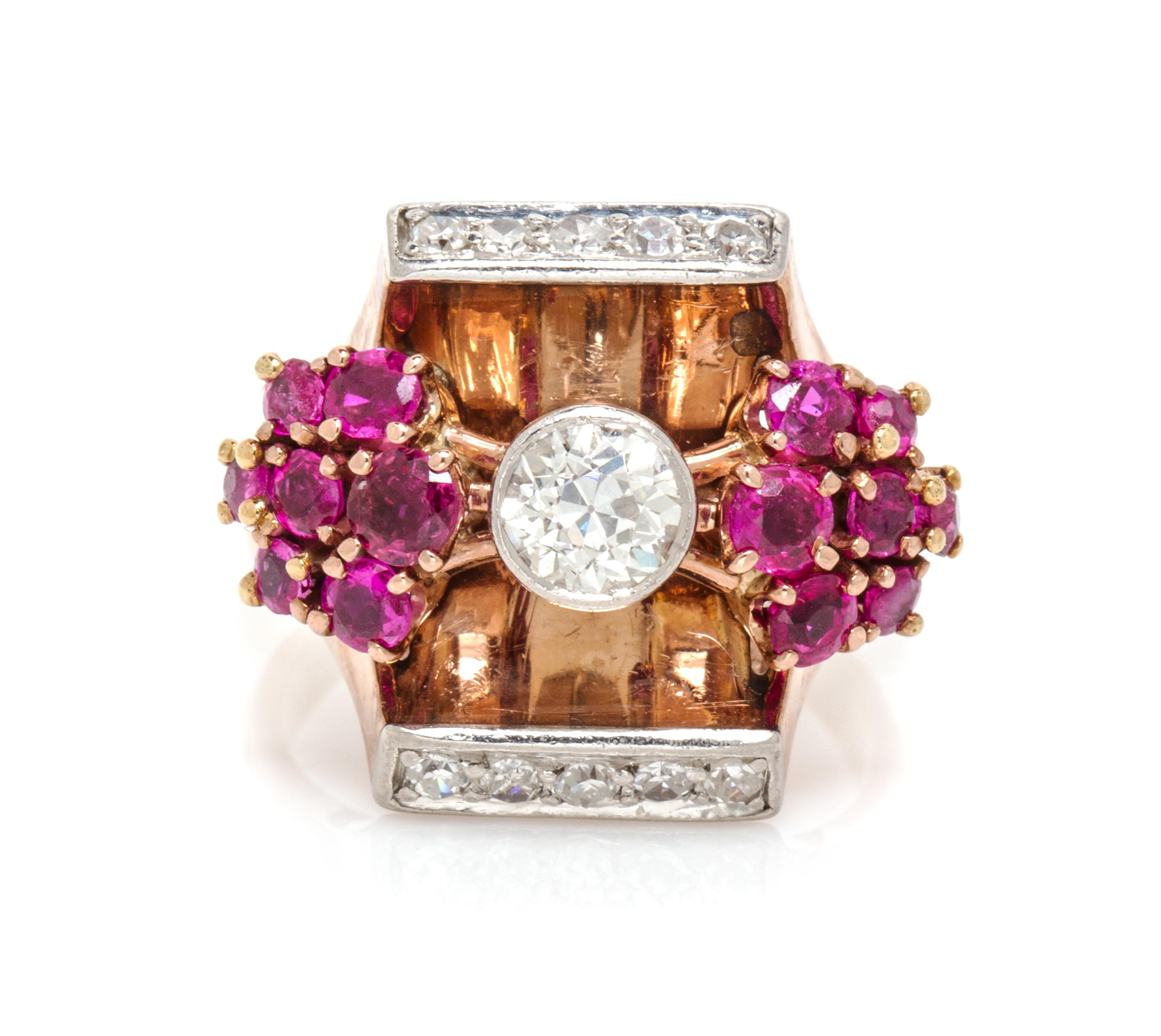 A Retro 14 Karat Rose Gold, Platinum, Ruby and Diamond Ring, 6.60 dwts.