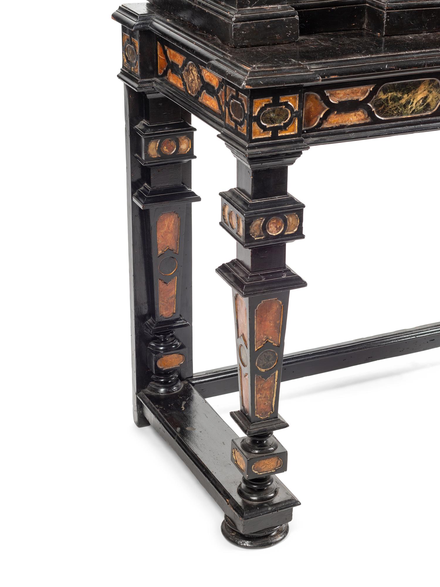 A Florentine Specimen Marble-Inset Ebonized Collector's Cabinet on Stand