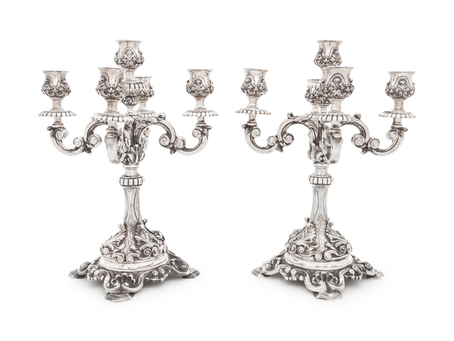 A Pair of J.C. Moore & Son-Era Tiffany & Co. Silver Five-Light Candelabra