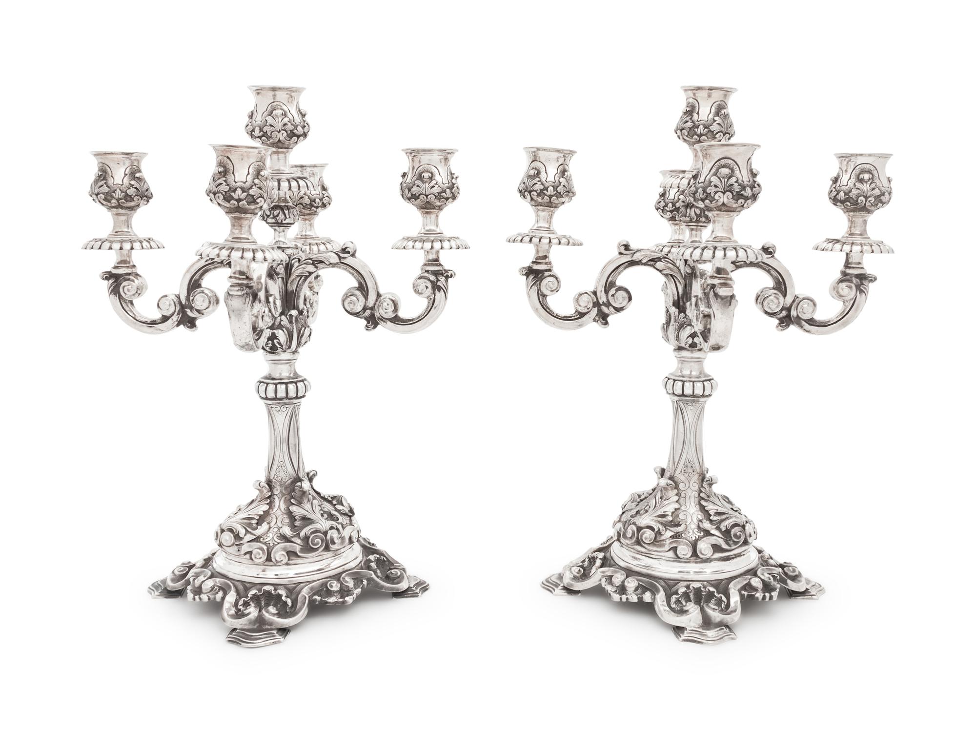 A Pair of J.C. Moore & Son-Era Tiffany & Co. Silver Five-Light Candelabra