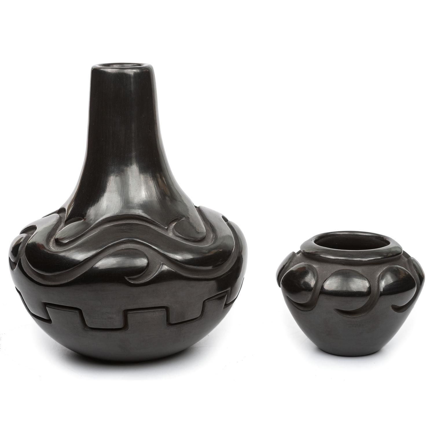 Deeply Carved Blackware Vase, with Avanyu AND Carved Blackware Jar