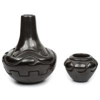 Deeply Carved Blackware Vase, with Avanyu AND Carved Blackware Jar