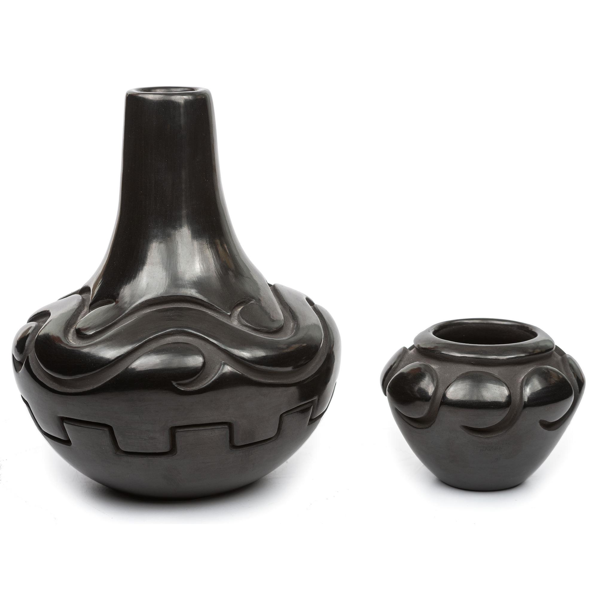 Deeply Carved Blackware Vase, with Avanyu AND Carved Blackware Jar