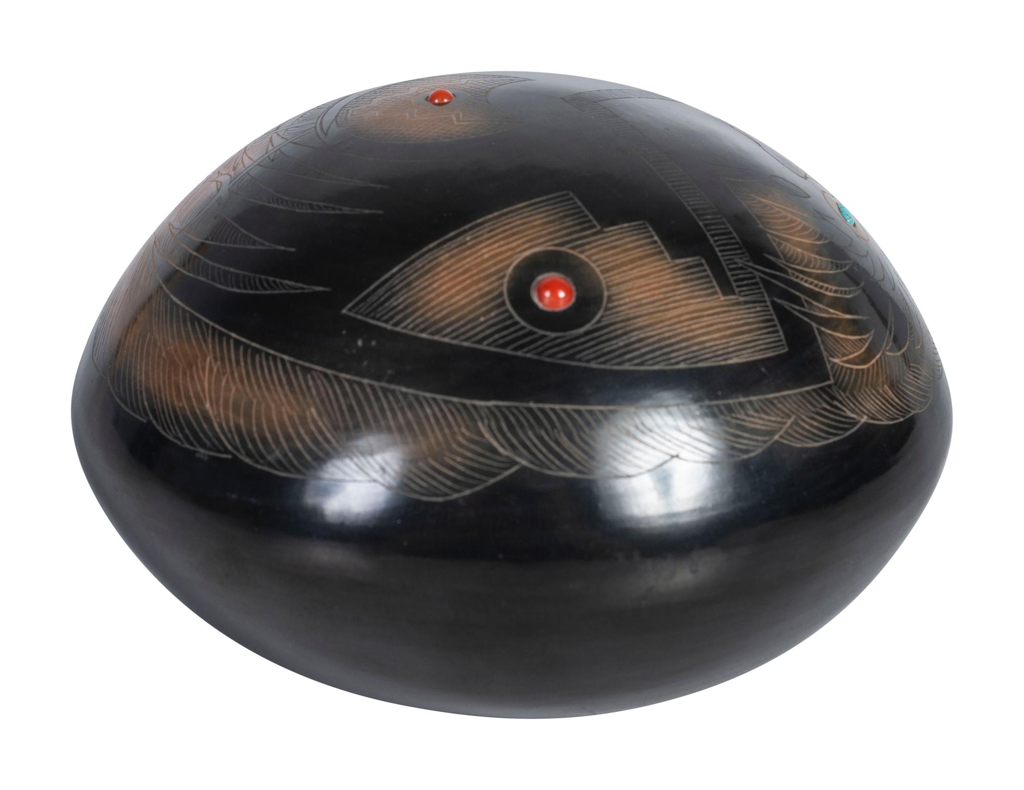 Black and Sienna Sgraffito Pottery Seed Jar, with Coral and Turquoise Beads