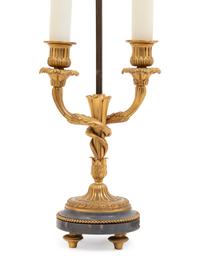 A Pair of Louis XVI Style Gilt Bronze and Marble Two-Light Lamps with Tôle Shades