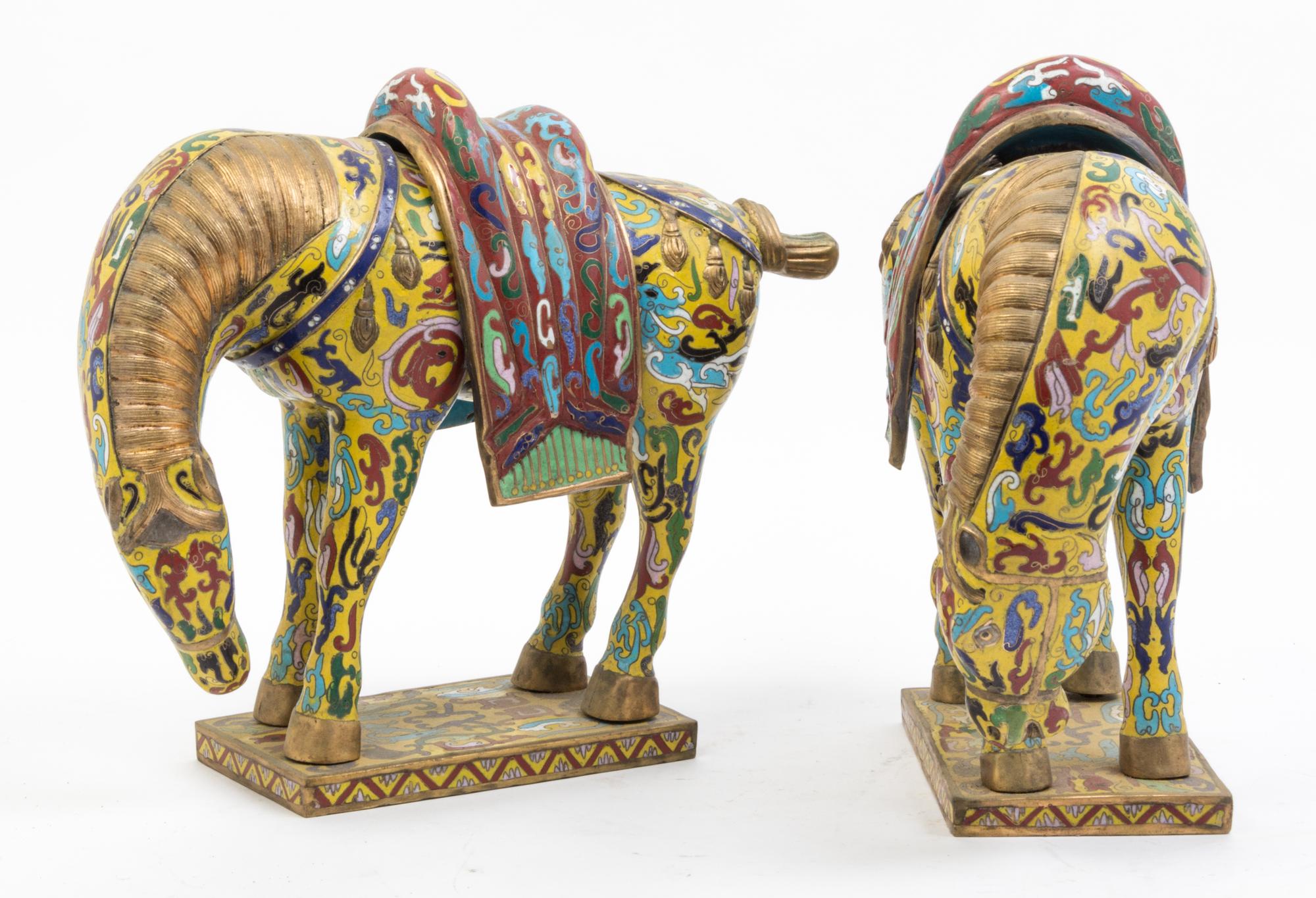 A Pair of Cloisonne Models of Horses Width 14 inches.