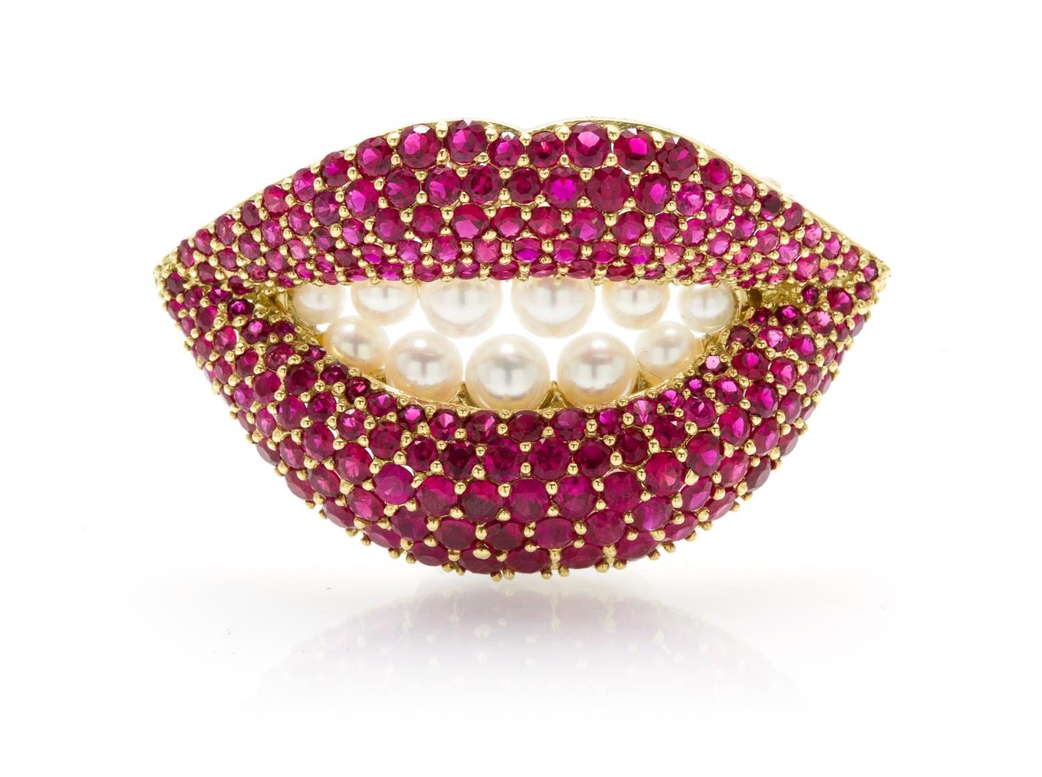 An 18 Karat Yellow Gold, Ruby and Cultured Pearl Lips Brooch, Henryk Kaston for Salvador Dali, 16.80 dwts.